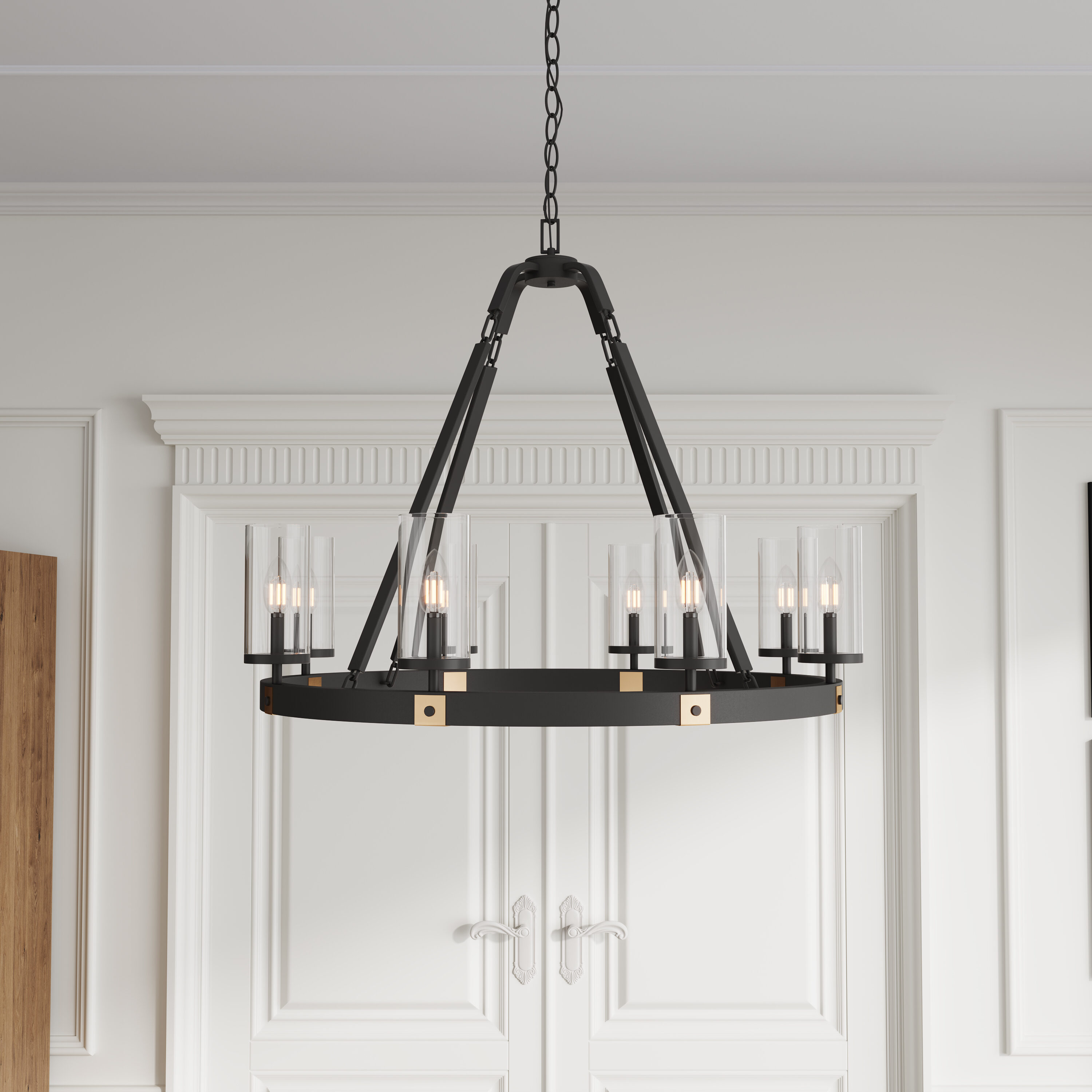 Black Industrial Wagon Wheel Candle Chandelier with Clear Glass Shades