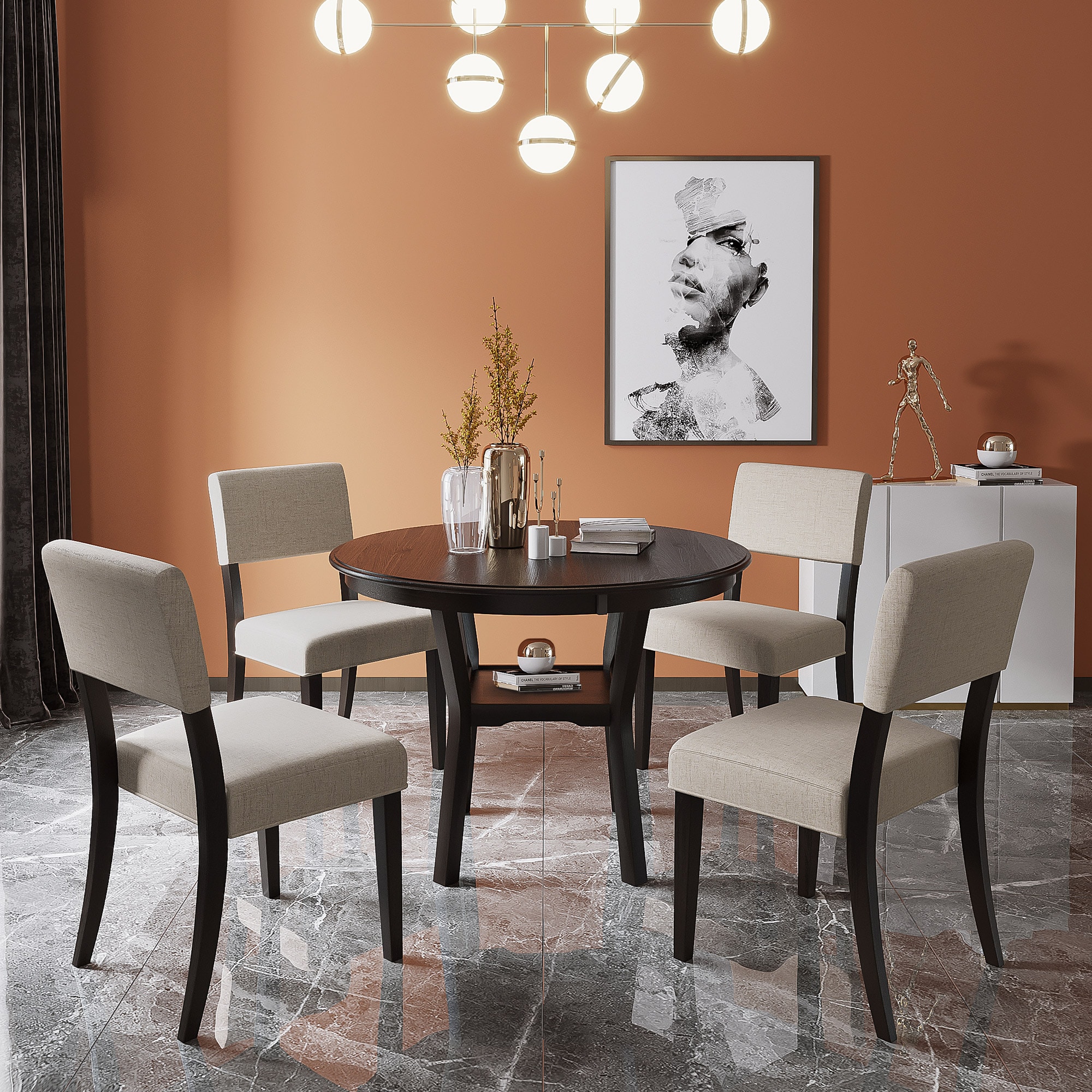 Qualler DTM000051P Espresso Contemporary/Modern Dining Room Set with Round Table ( Seats 4 )