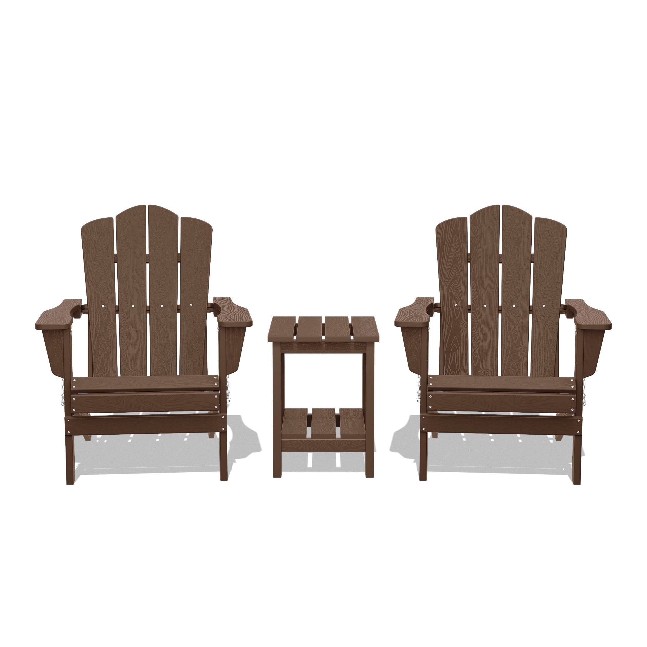 JEAREY YDZDY3JT-BN Patio Folding Adirondack Chair Set of 2 with a Side Table Set of 2 Stackable Brown HDPE Frame Stationary Adirondack Chair with Slat Seat