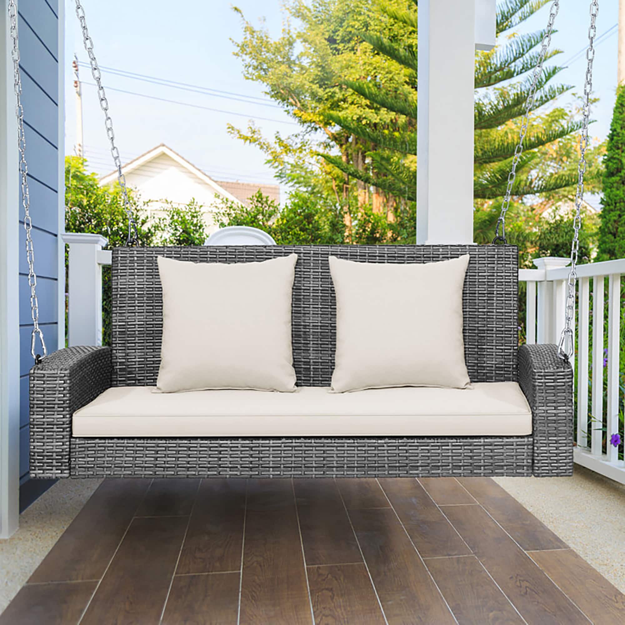 Gray Steel Frame Porch Swing with White Cushions