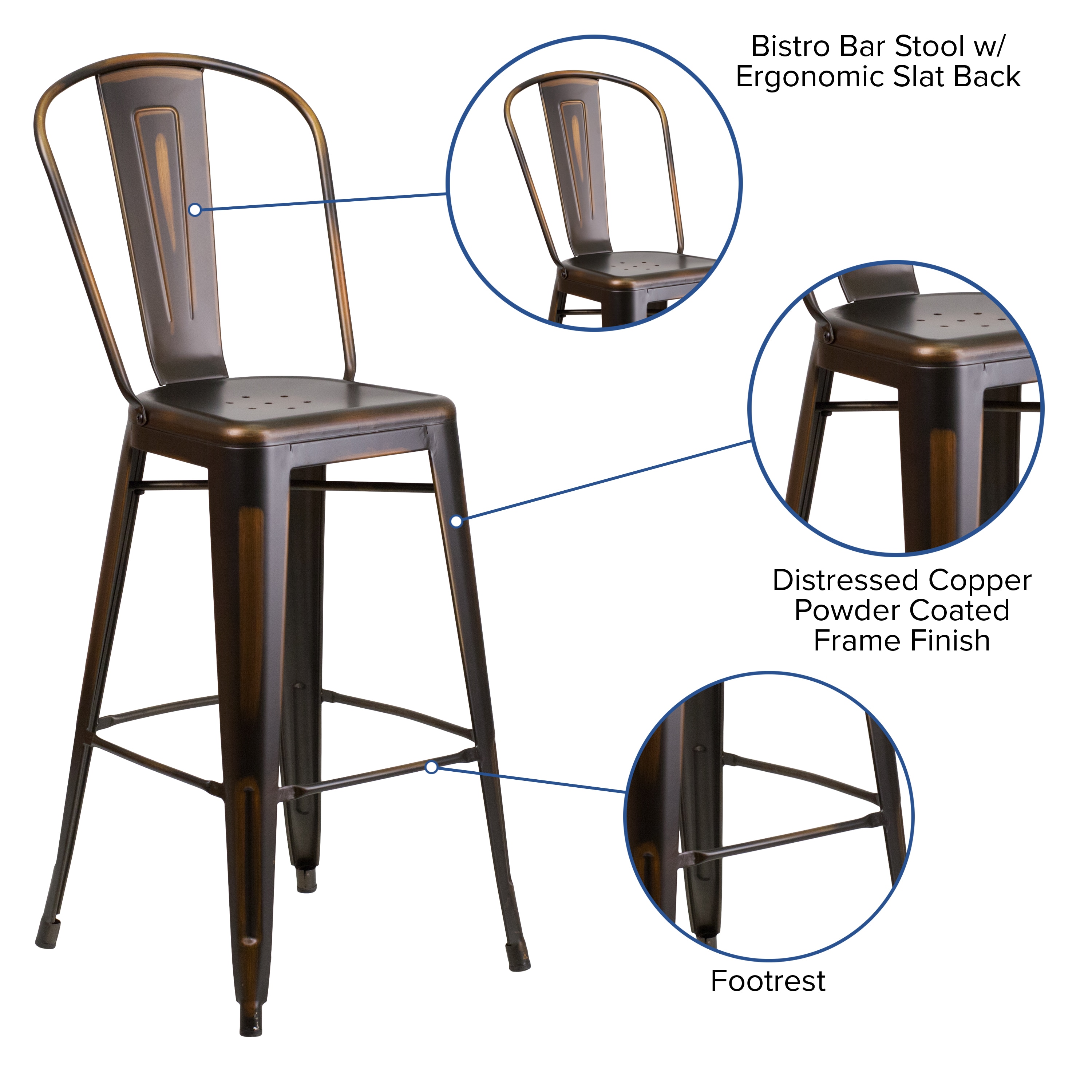 Distressed Copper Metal 30" Bar Stool with Slat Back