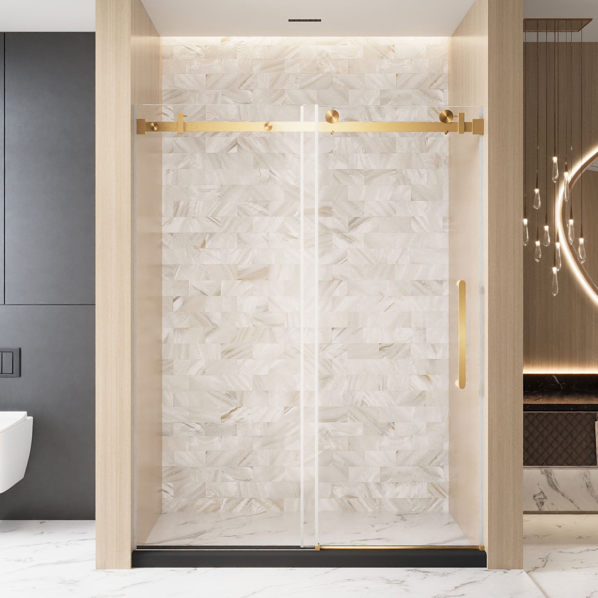 LIVIZA G1PF6076GD-100 Single Sliding Shower Door Brushed Gold 56-in to 60-in W x 76-in H Frameless Clear Glass Sliding Shower door