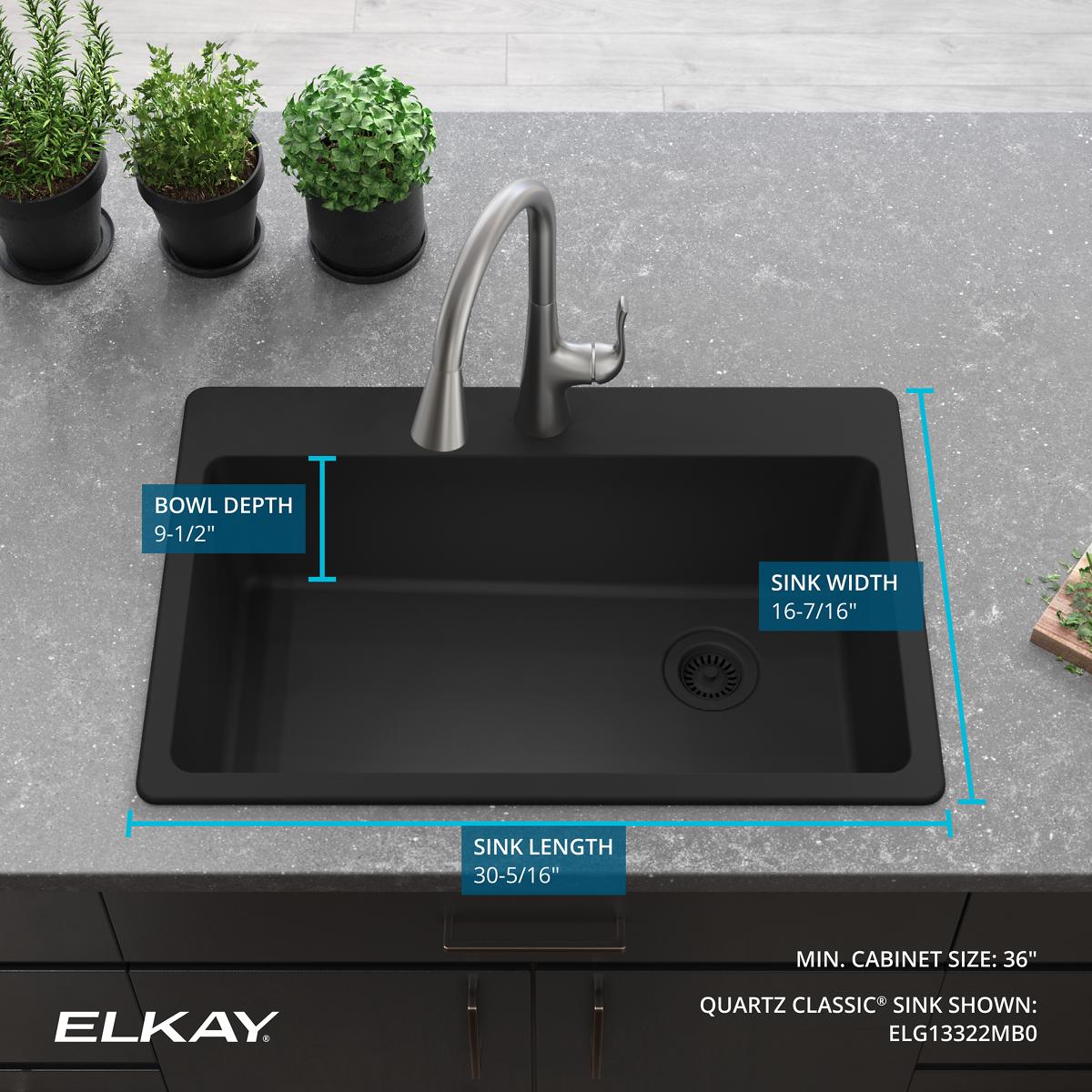 Matte Black Quartz Single Bowl Drop-In Sink, 33 x 22 Inches