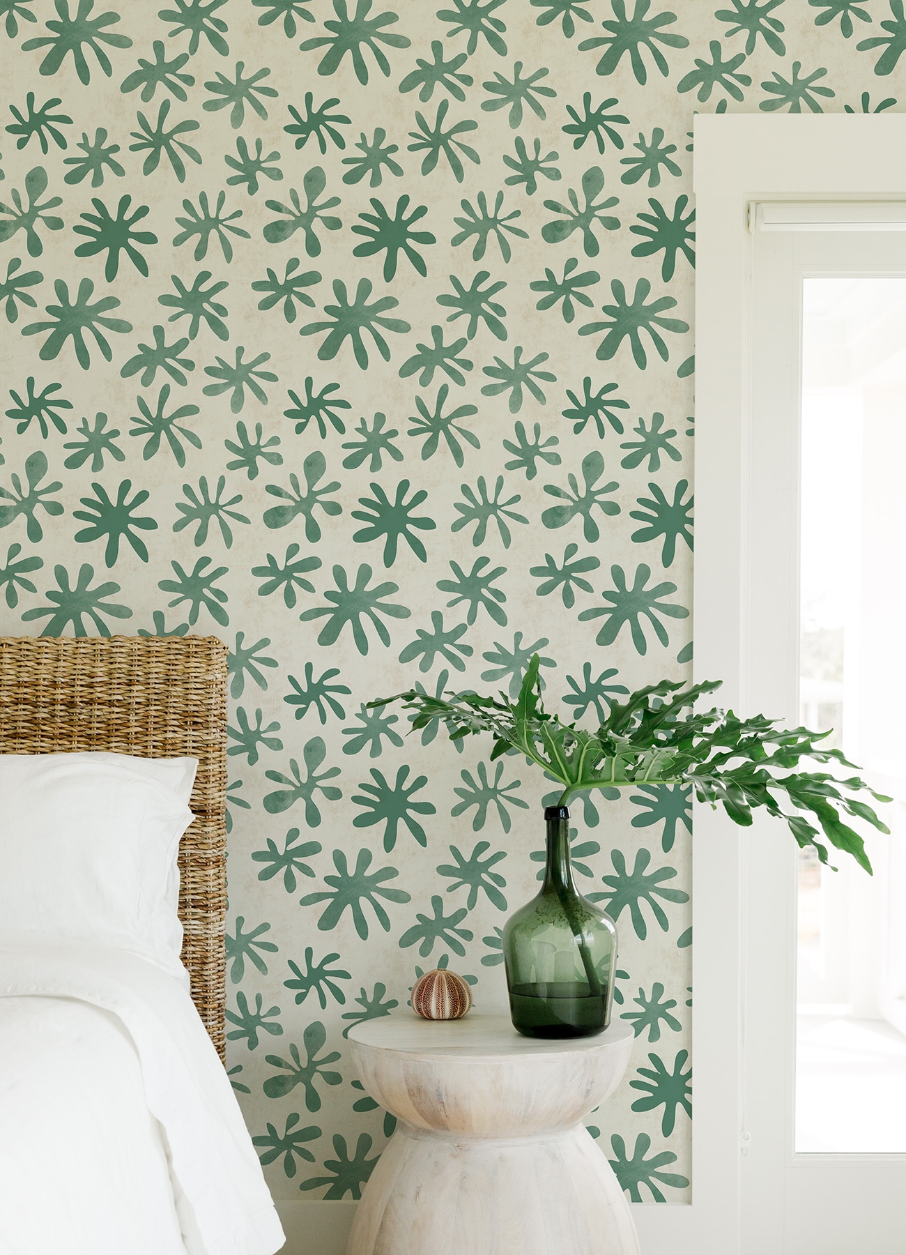 Green and Off-White Vinyl Floral Peel and Stick Wallpaper
