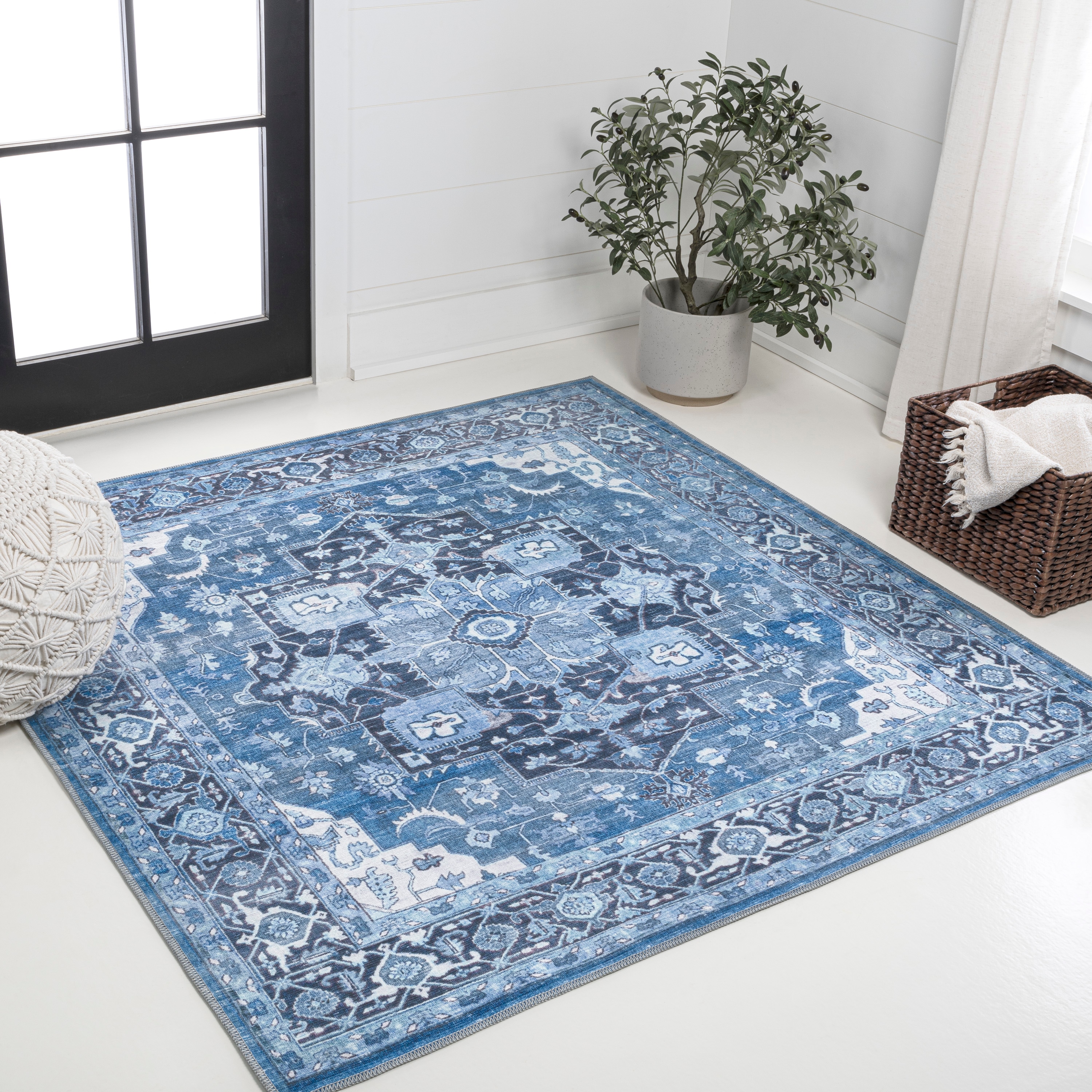 JONATHAN  Y WSH109B-8SQ WASHABLE Maris Ornate 8 x 8 (ft) Loomed Polypropylene Blue/Navy Square Indoor Medallion Bohemian/Eclectic Machine washable Area rug