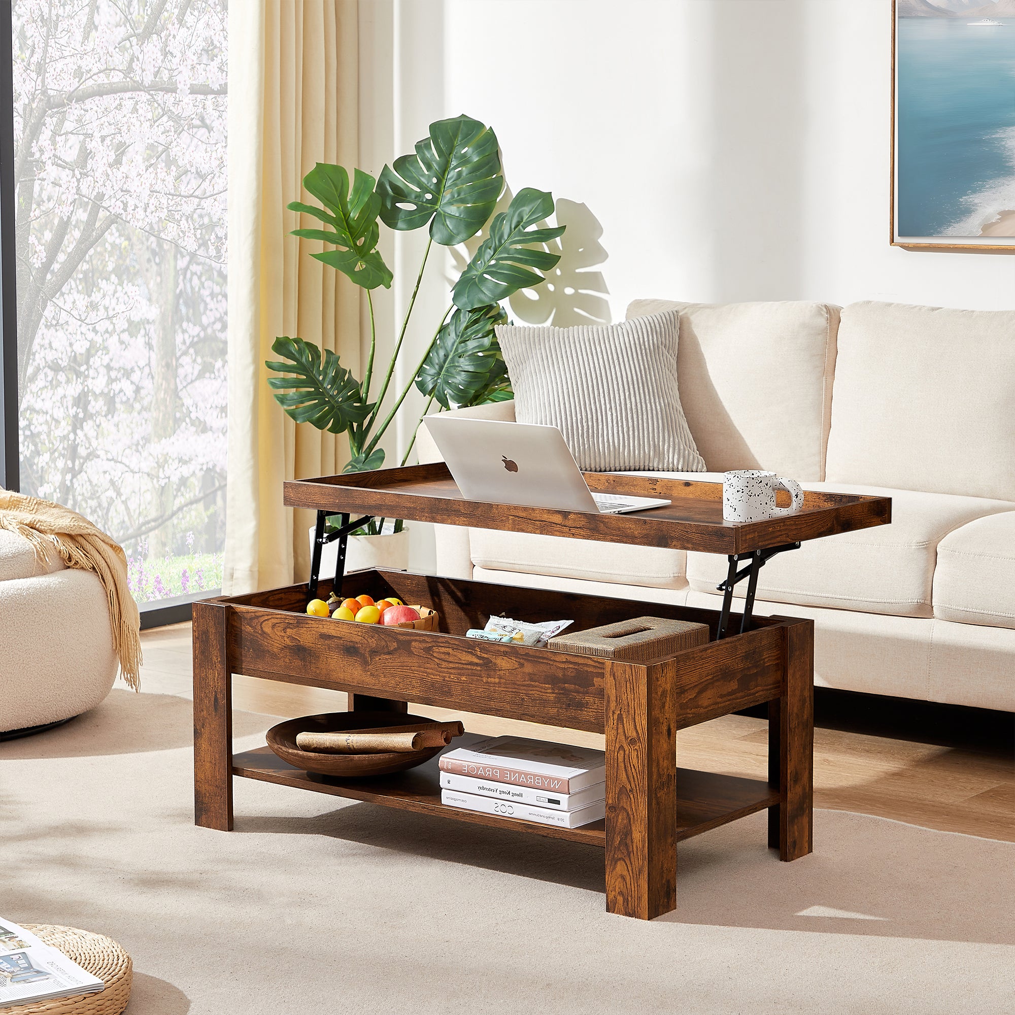 Vecelo LOE-COT07-BRN Minimalist Lift Top Coffee Table with Hidden Storage Compartment and Open Shelves