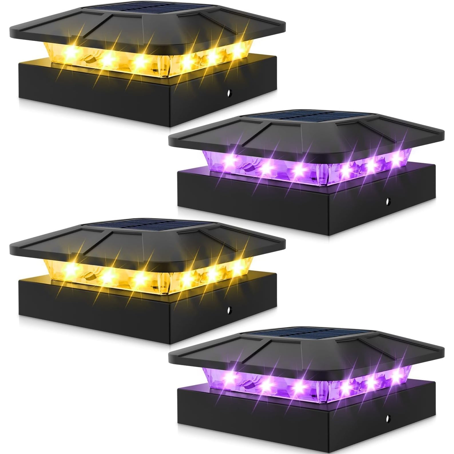 Slagawa  4 Pack Solar Post Lights for 4x4 Posts Purple and Warm White LED Fence Caps Waterproof Post Top Lighting for Deck Mailbox Railing Porch