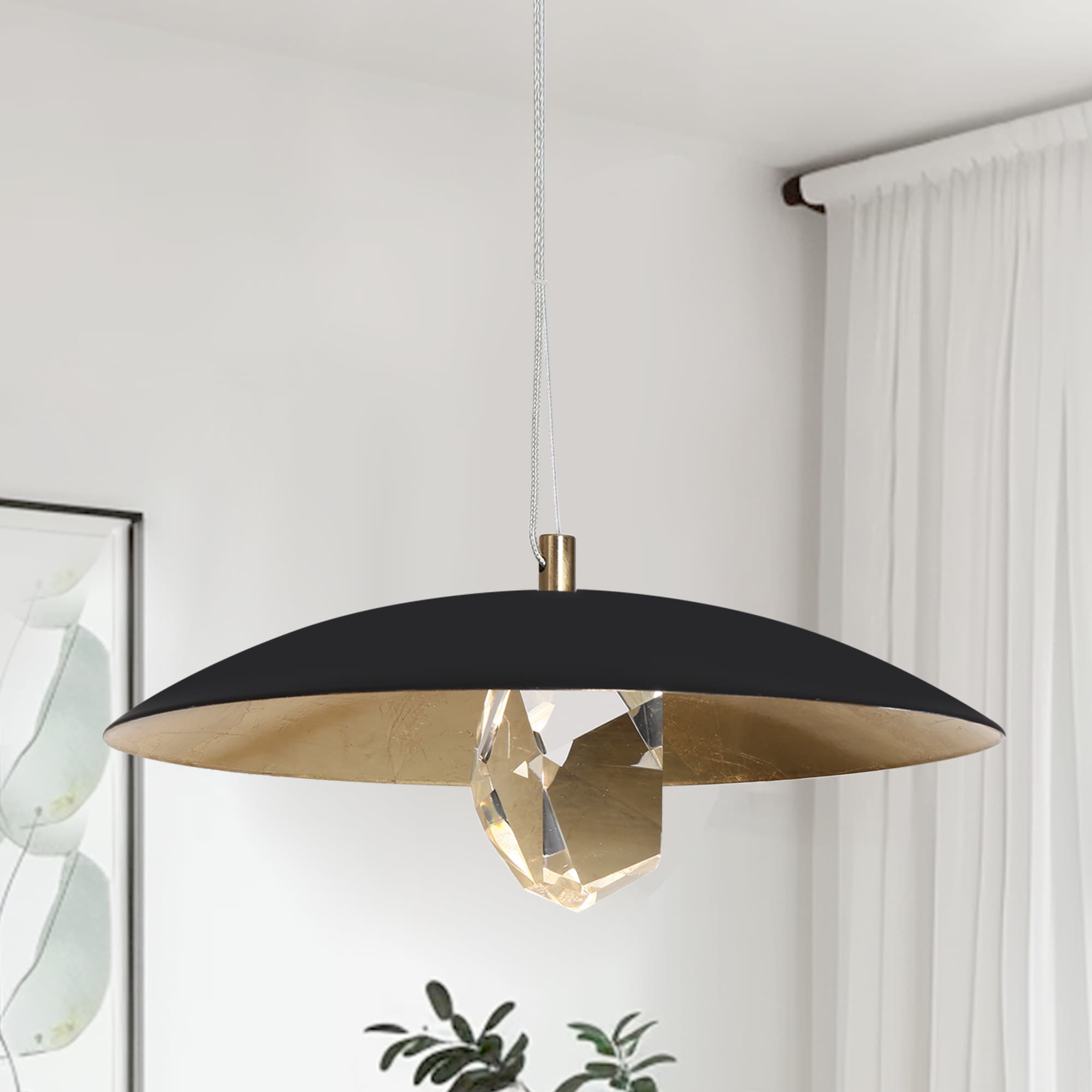 LNC HA05138 Eleutherius 1 -Light Matte Black and Gold Foil Textured Finish with Crystal Industrial Textured glass Dome Integrated LED Medium Hanging Kitchen island light