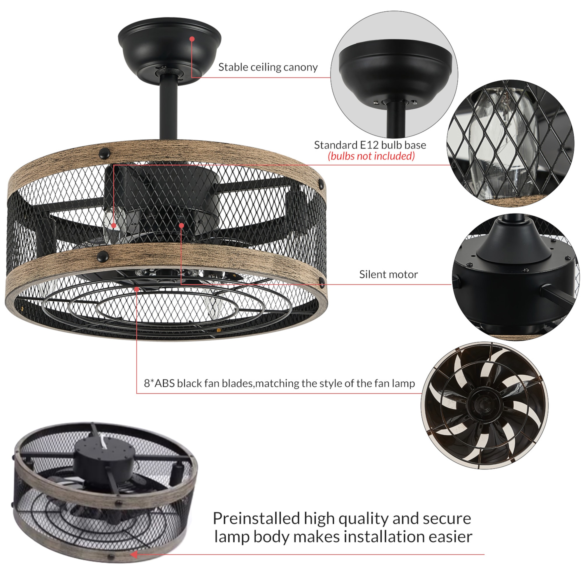 Antoine Low Profile Farmhouse Industrial Enclosed 18-in Caged Rustic Wood  Grain Black Bladeless Indoor Ceiling Fan with Light and Remote (8-Blade) in  the Ceiling Fans department at