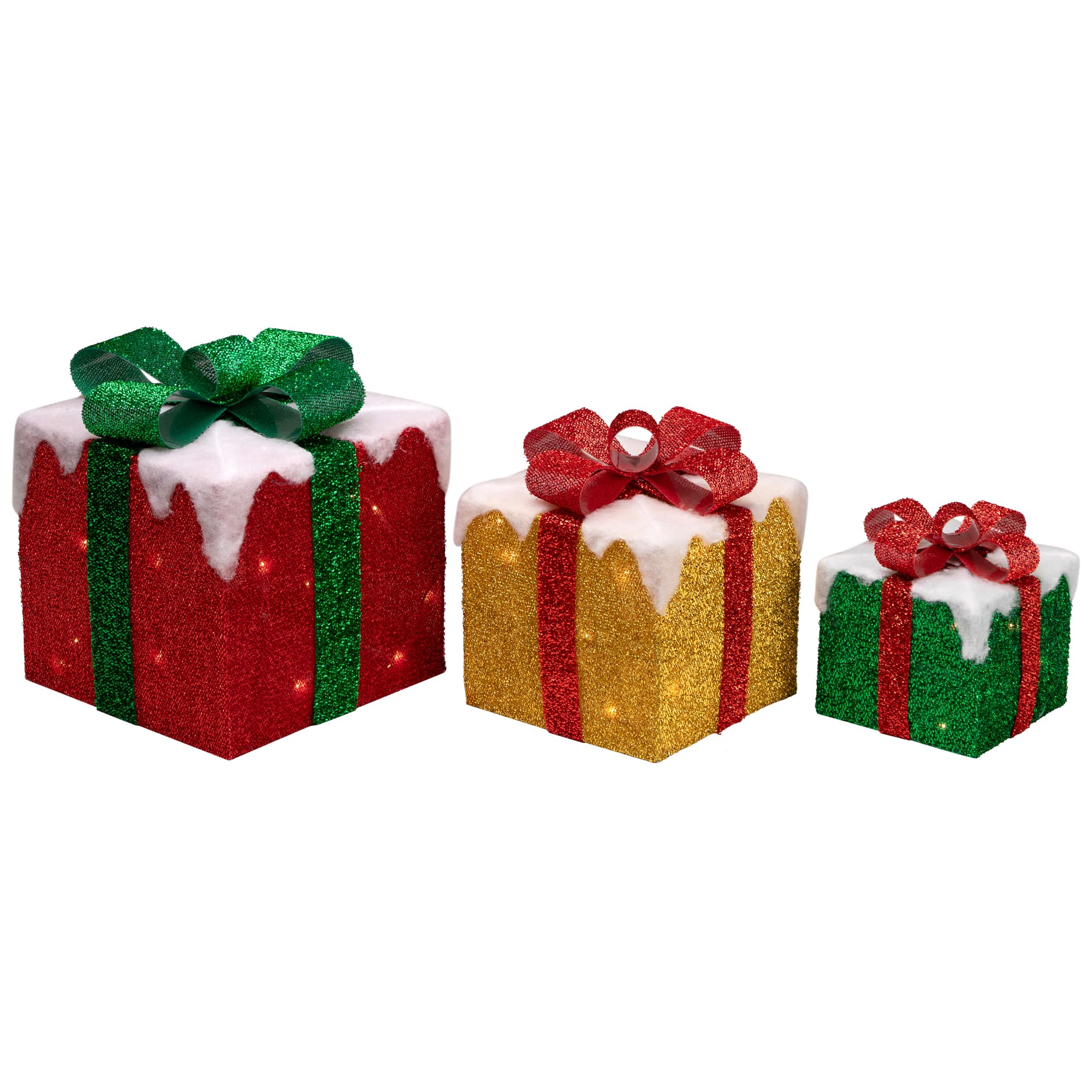 Northlight Set of 3 LED Lighted Green Gold and Red Snowy Gift Boxes ...