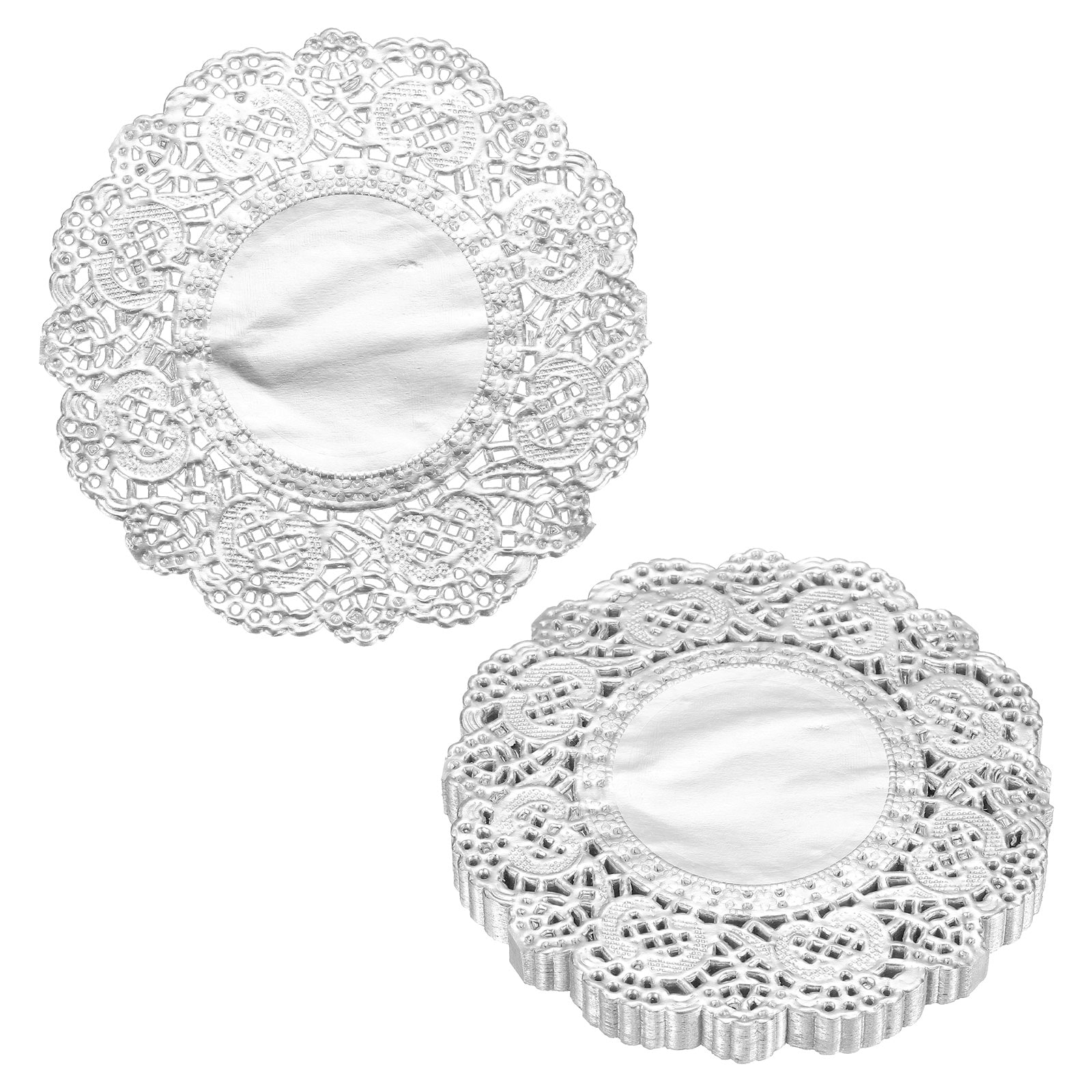 Harfington 100pcs Lace Paper Doilies 3.5 Inch Silver Round Disposable Decorative Paper Placemats Hollow Flower Absorbing Papers for Cakes Desserts Food Decoration Wedding Birthday