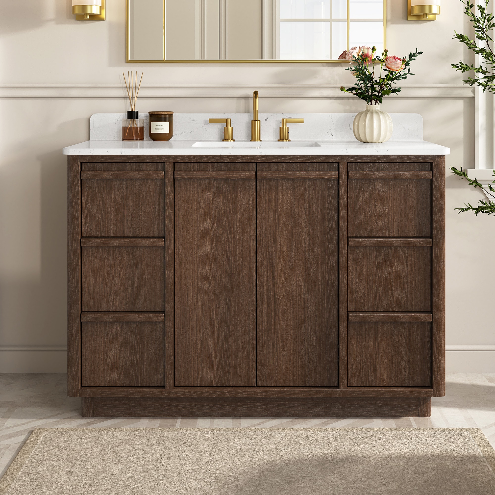 DELUXE LIVING Woodland 49-in Dark Walnut Undermount Single Sink Bathroom Vanity with Carrara White Engineered Stone Top (Fully Assembled)