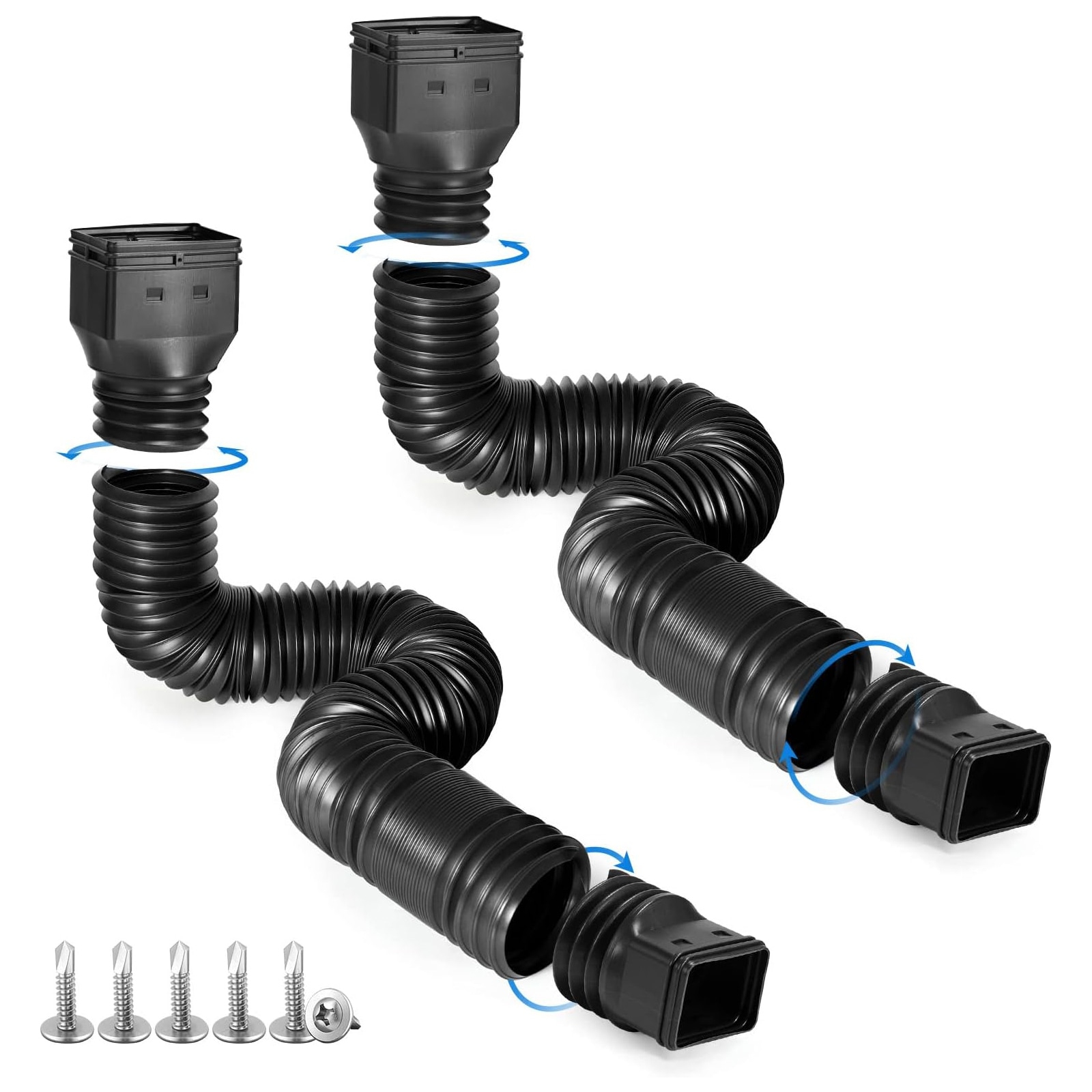 Misopily 2 Pack Black Rain Gutter Downspout Extensions Flexible Drain Extender with 4 Adapters Extends 21 to 68 Inches Fits 2x3 3x3 3x4 3.5x4 Inch