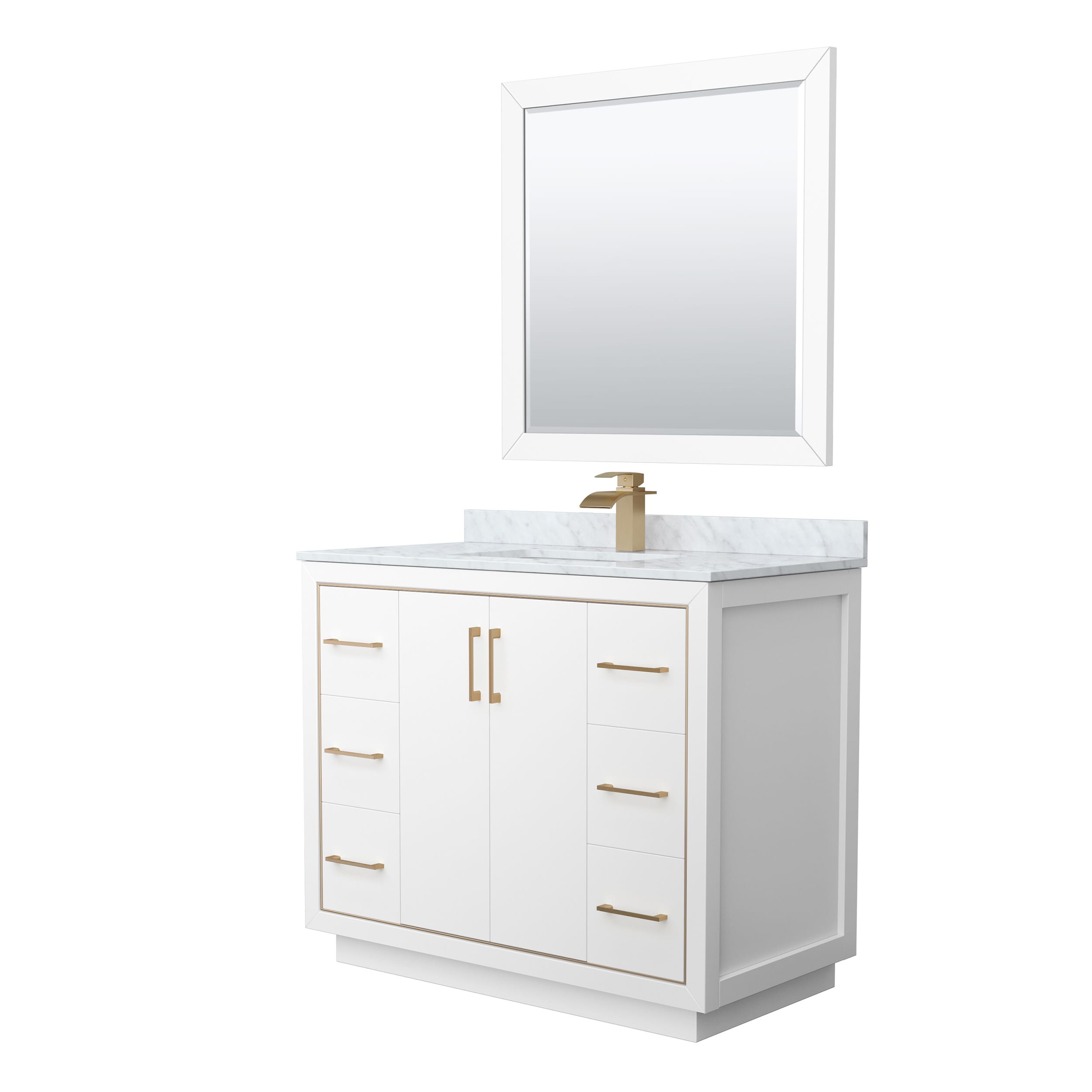 Wyndham Collection WCF111142SWZCMUNSM34 Icon 42-in White with Satin Bronze Trim Undermount Single sink Bathroom Vanity with White Carrara marble Natural marble Top (Mirror Included)