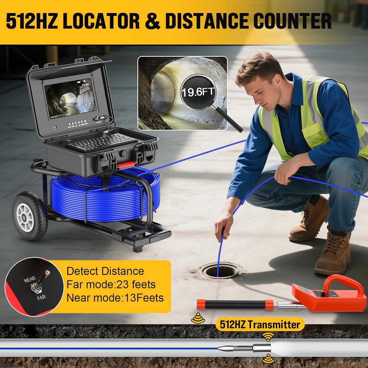 Anysun Sewer Camera with Locator Self Leveling Sewer Camera 200ft with Distance Counter 10.1 inch HD Monitor with Keypad 7MM Cable Trolley and Wheels 5X Zoom(32GB Card) #AS-IIS1MP0065-R0