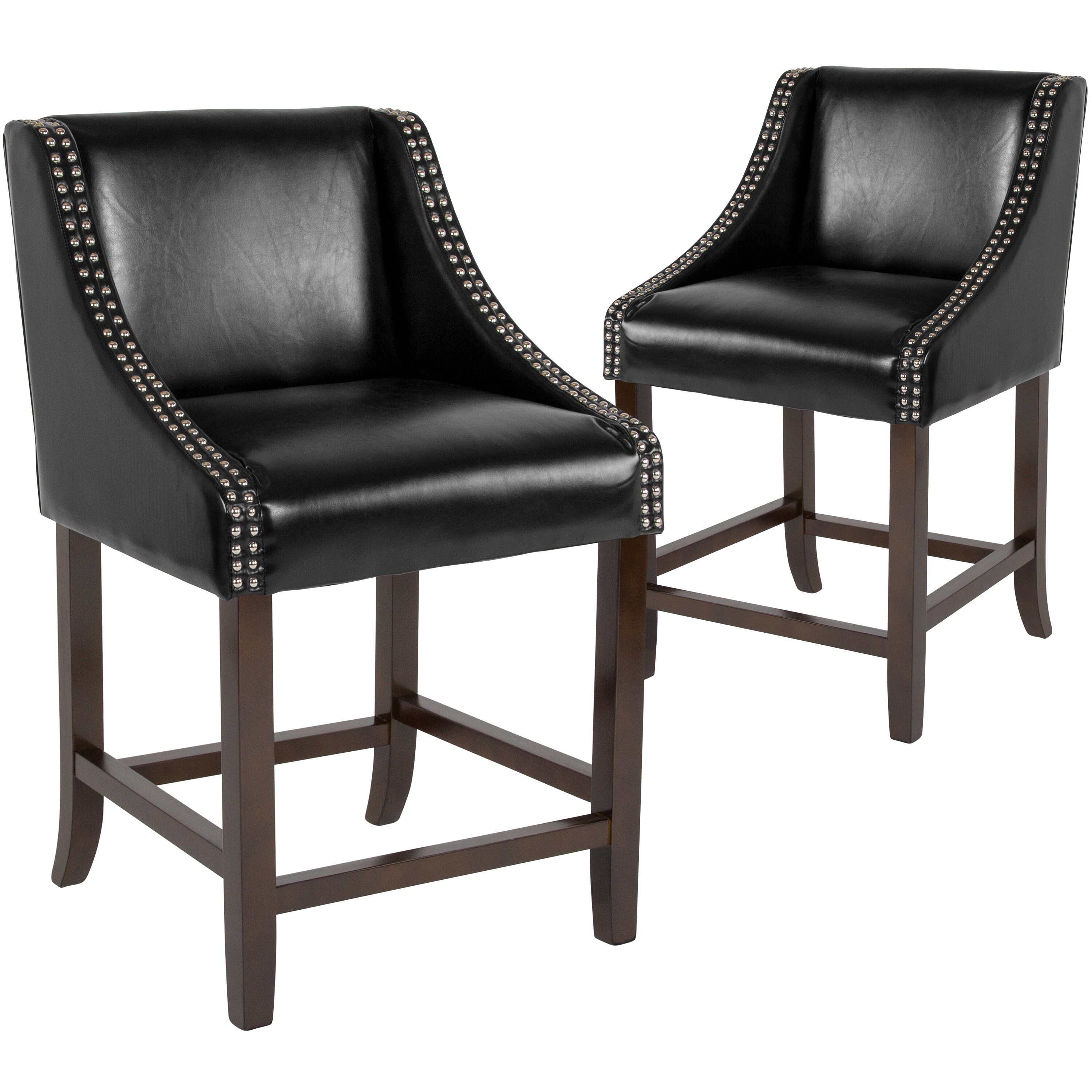 Flash Furniture 889142876663 Carmel Set of 2 Black Leathersoft 25-in H Counter height Upholstered Wood Back Bar Stool with Arms and Back
