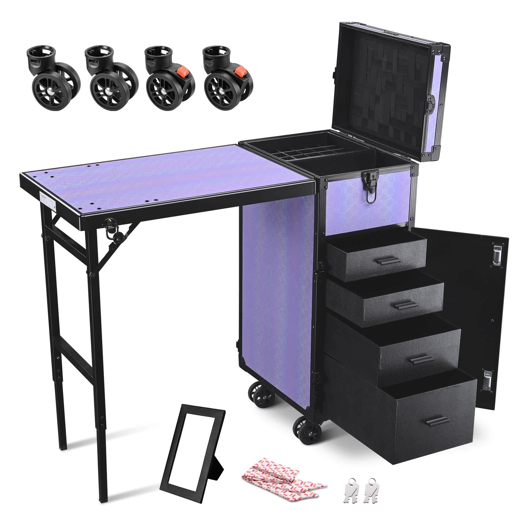 Yescom 12MKCSET-3536-F05-LO Byootique Rolling Makeup Train Case Nail Table w/ 4pcs Replacement Wheels Purple