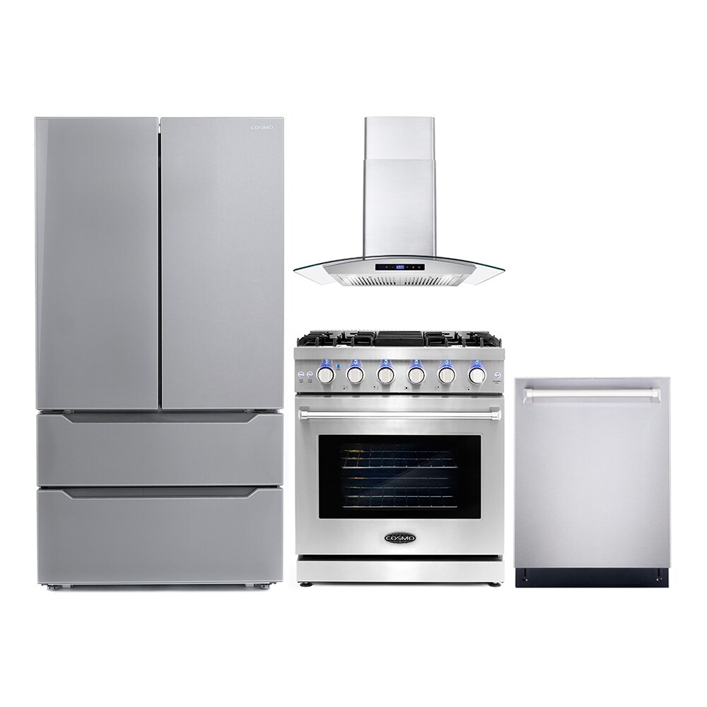 Cosmo  4 Piece Kitchen Package with 30" Freestanding Gas Range 30" Wall Mount Range Hood 24" Built-in Fully Integrated Dishwasher & Energy Star French Door Refrigerator