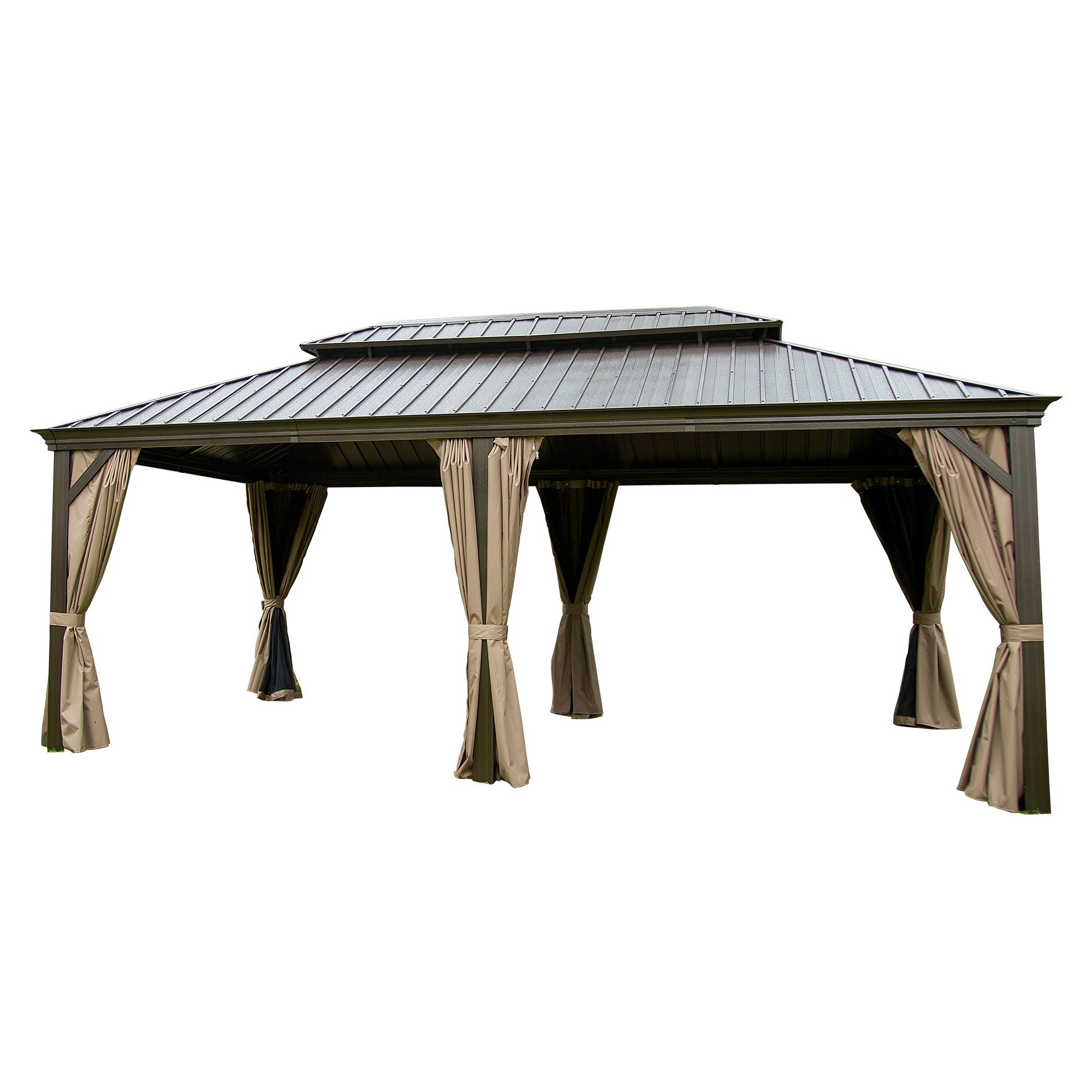 Boyel Living BL-CPL-00098 14 ft x 20 ft Gray Permanent Metal Hardtop Gazebo with Galvanized Steel Double Roof Aluminum Frame and Netting