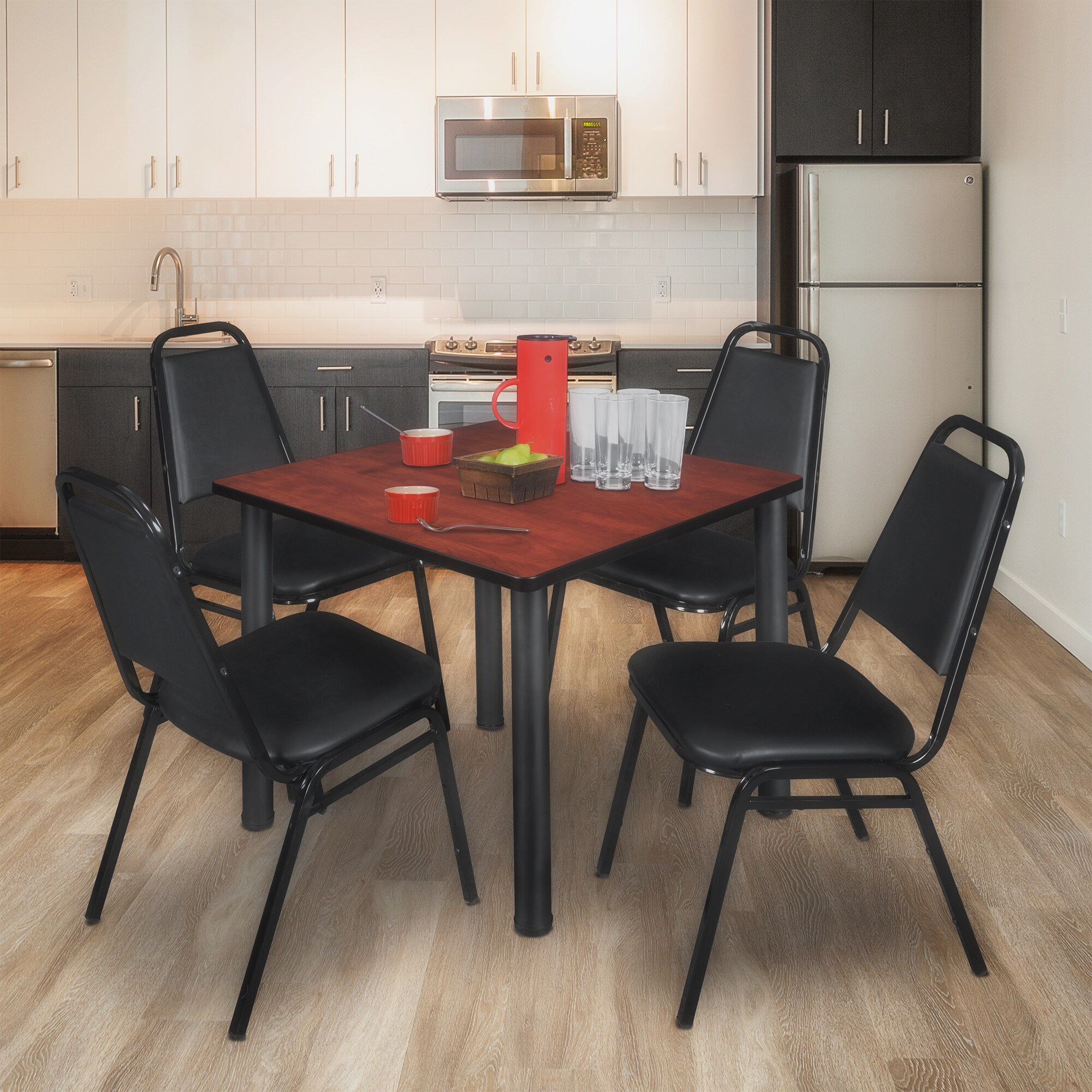 Cherry and Black Square Dining Height Table with Steel Legs
