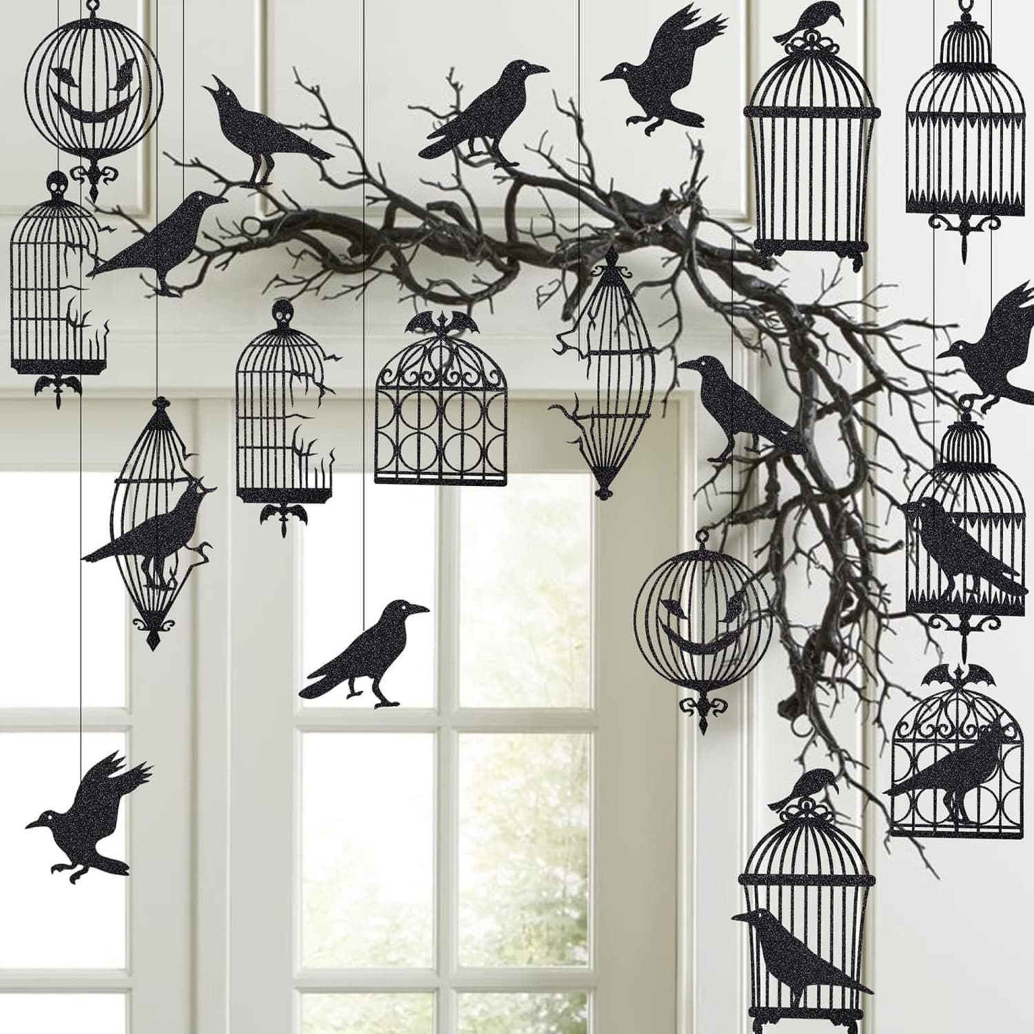 Angel Sar Crow and Cage Halloween Garland 12 Glitter Black Birdcages and 12 Crows for Horror Theme Party