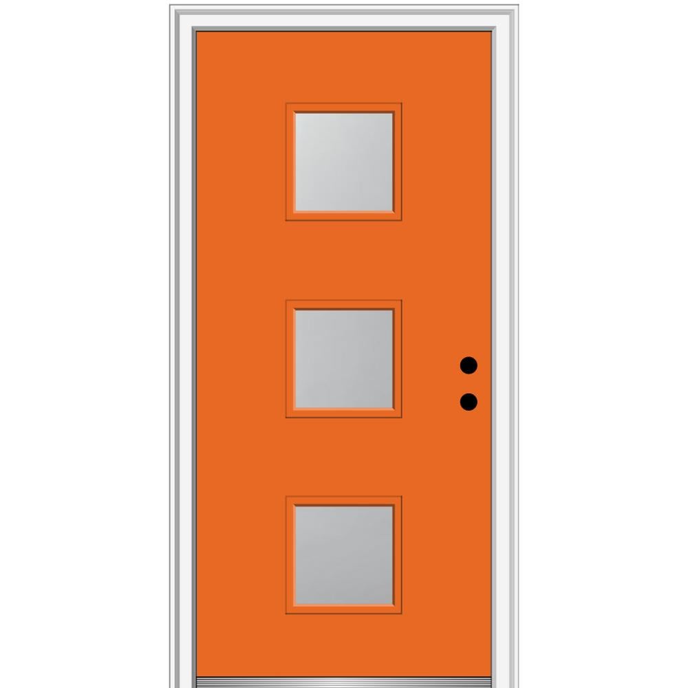 MMI DOOR ZZ347434L Spotlights 36-in x 80-in x 4-9/16-in Fiberglass Pulse lite Left-hand inswing Tangerine Painted Prehung Front Door with Brickmould Insulating core