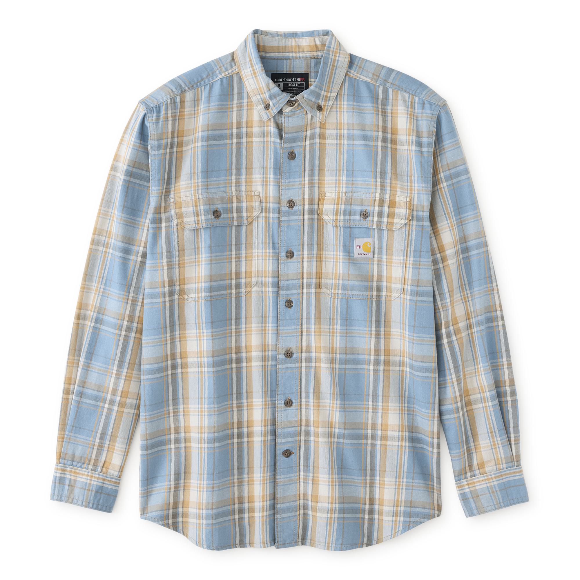 Carhartt - FR Rugged Flex Men's Blue Medium weight Twill Long sleeve Checked Button-down shirt ( ...