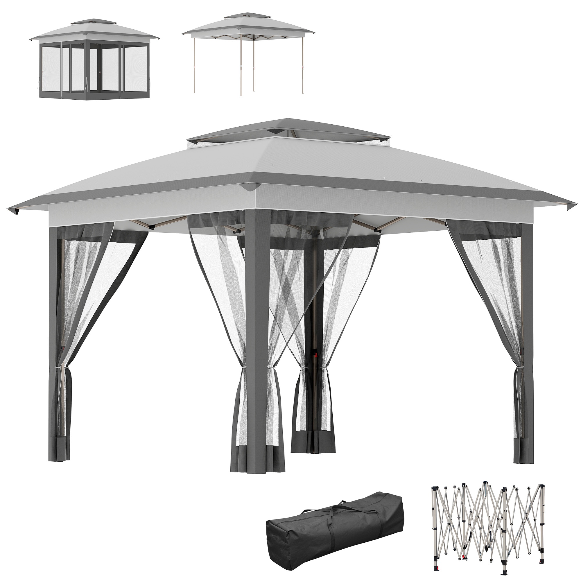 Outsunny 84C-224V01GY 12' x 12' Pop Up Canopy with Center Lift Hook Design Mesh Sidewall Netting 3Level Adjustable Height and Storage Bag Gray