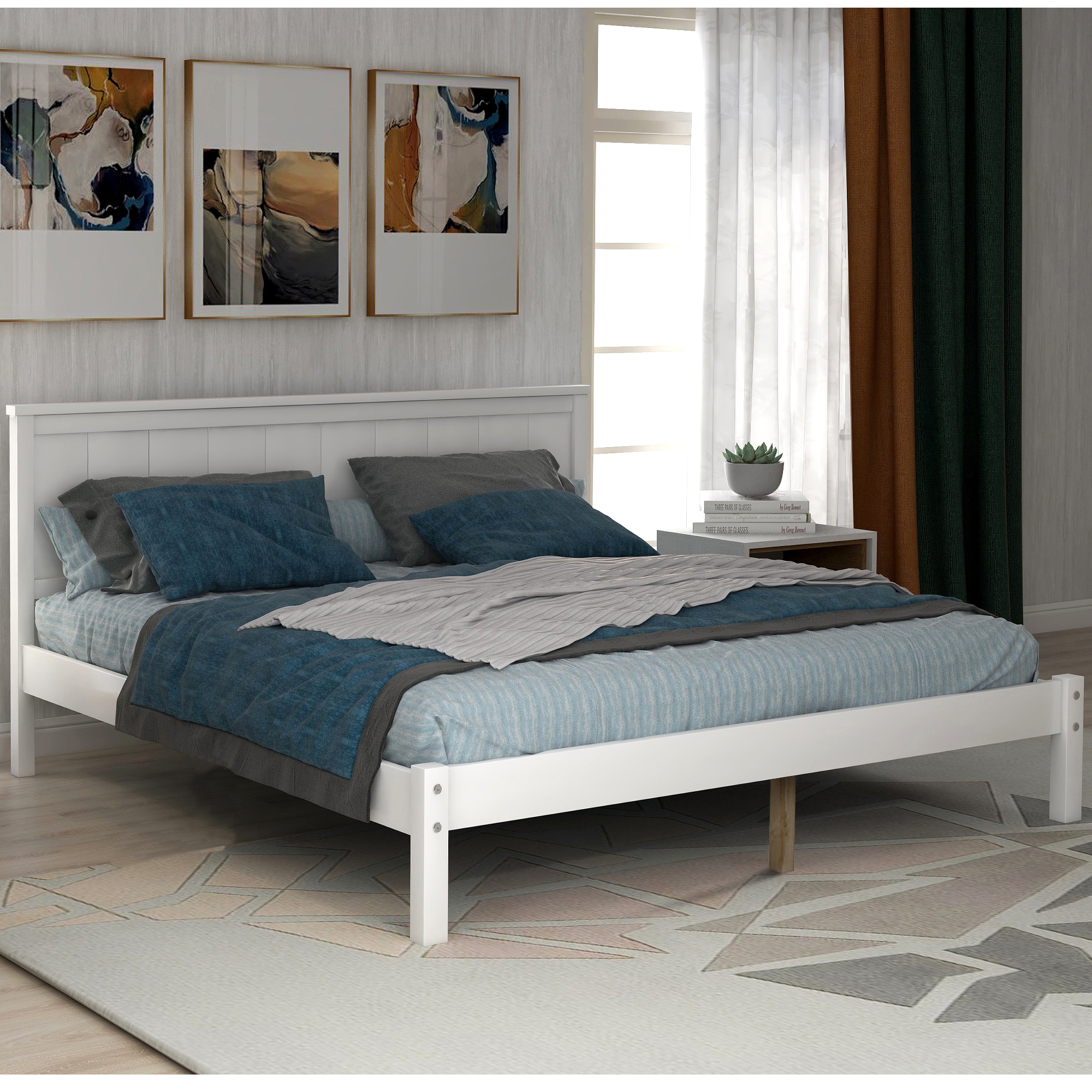 LOVMOR - Platform Bed Frame with Headboard Wood Slat Support No Box Spring Needed Full White