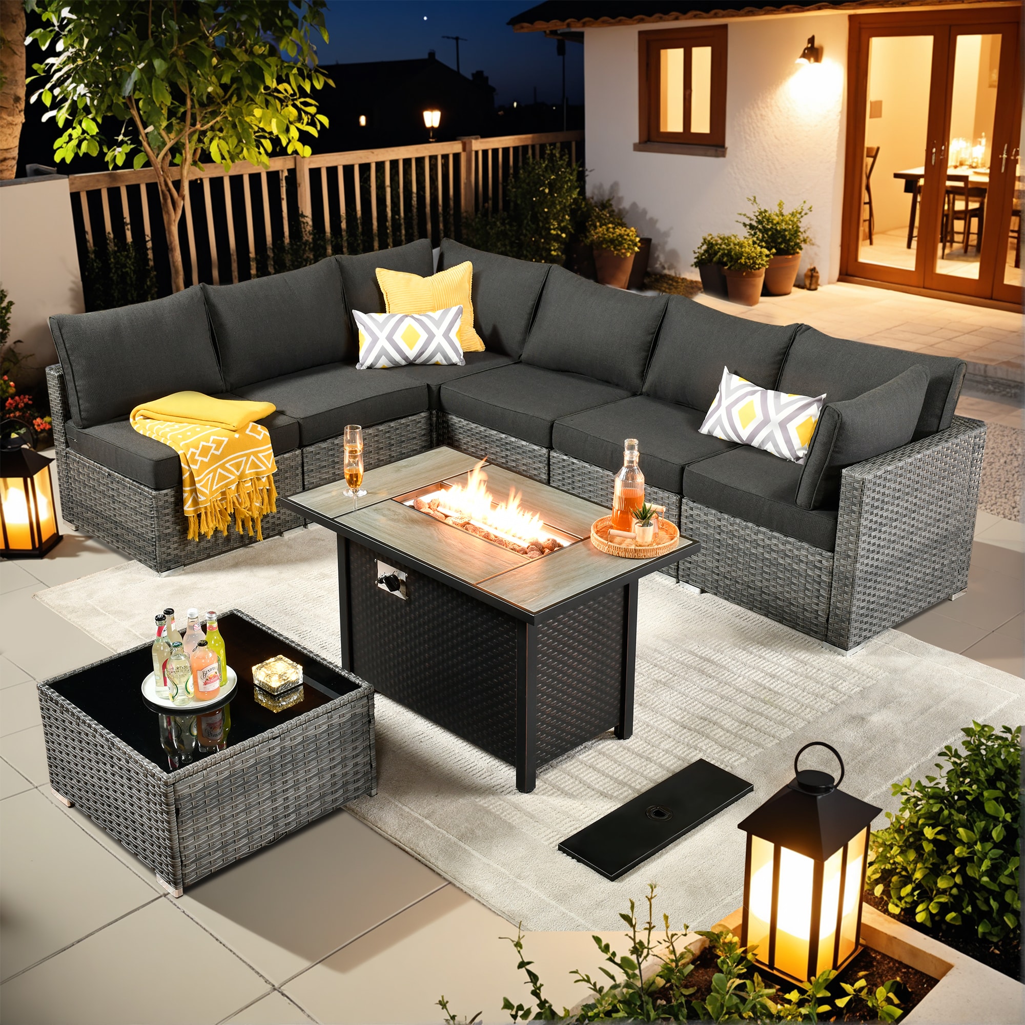 weaxty DCFP03RRS108 Kuuga 8 -Piece Rattan Patio Conversation Set with Black Cushions