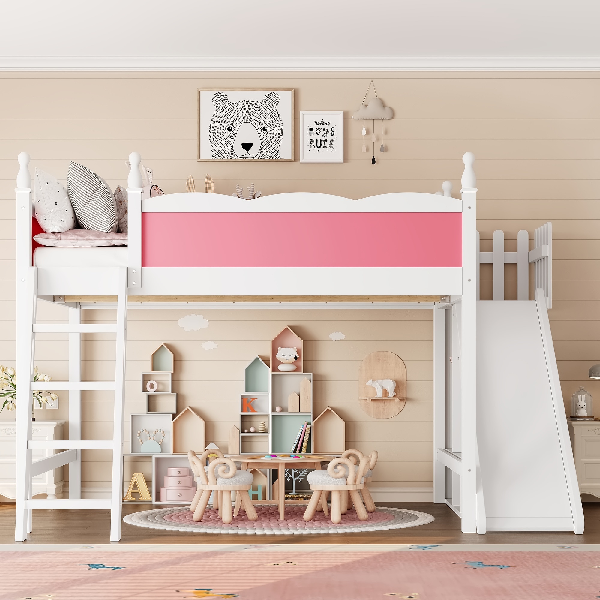 Horizons Prime Queen Pink and White Solid Wood Loft Bed with Storage Shelves and Wardrobe with Detachable Slide and Ladders