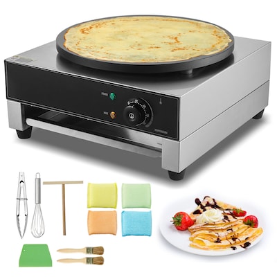 VEVOR SCSYJBJDP1ZF11288V1 Electric Crepe Maker 16-Inch Commercial Crepe Machine 1700W Flat Plate Crepe Griddle Nonstick Stainless Steel Pancake Making Machine Desktop Circular Cereals Pancake Stove with Temp Control