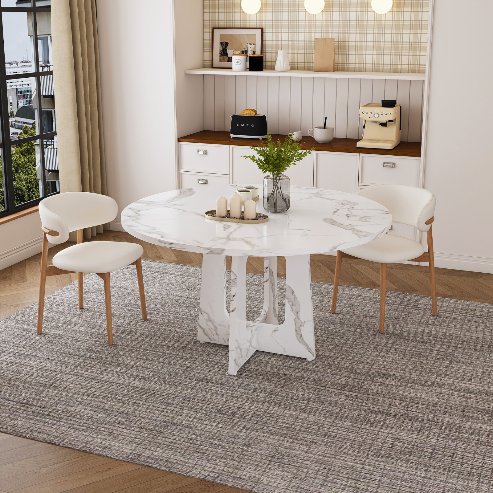 CHITA White Farmhouse Round Dining Table with Seating Space for Kitchen Dining Room Breakfast Nook Everyday Meals Casual Gatherings and Home Entertaining