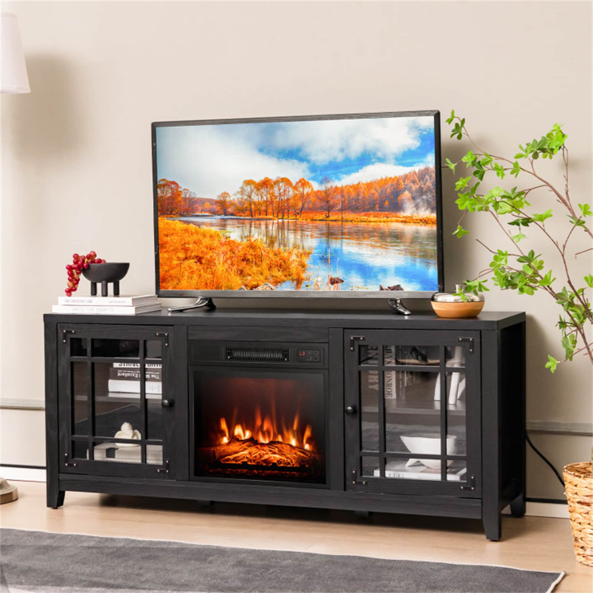 BABOOM BOM-10102-NA-CO 58-in W Black TV Stand with Fan-forced Flat wall Electric Fireplace with Remote Control Included