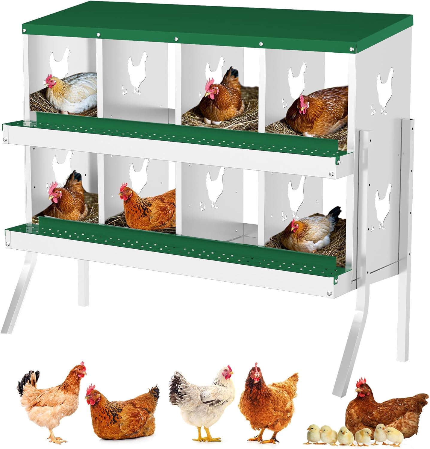 Qeetex WLS-PHO-348S9AJ6 Nesting Boxes for Chickens 8 Compartment Chicken Nesting Box Metal Chicken Laying Boxes with Perch Secure Lid