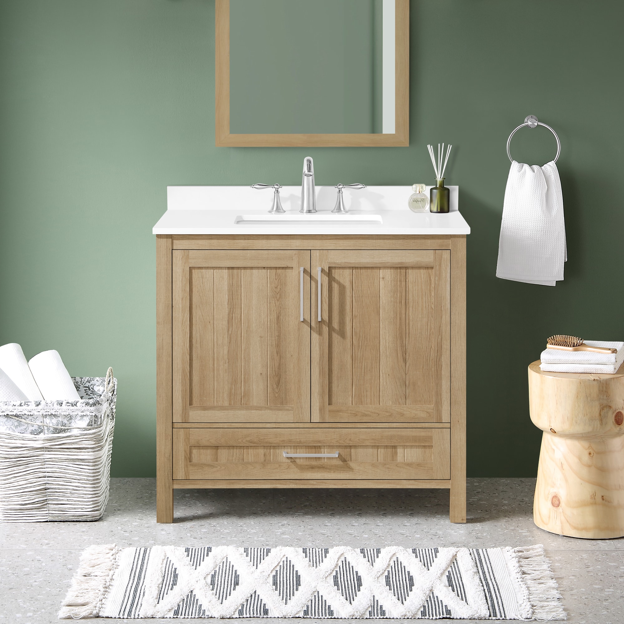 Darwin 36-in White Oak Undermount Single Sink Bathroom Vanity with White Engineered Stone Top Marble | - OVE Decors 15VVAR-DARW36-124