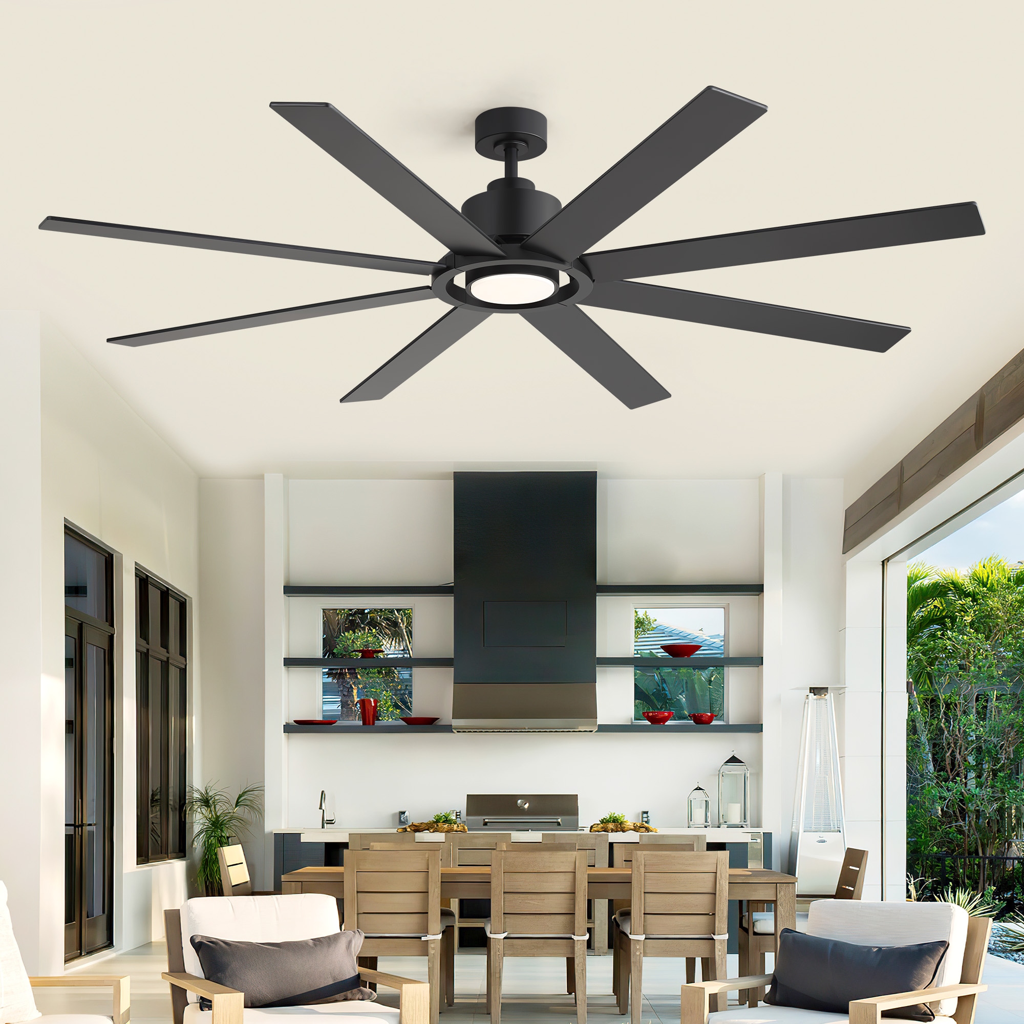 Airsurfer 72-in Matte Black with Black Blades Integrated LED Covered Outdoor Downrod Standard Ceiling Fan with Light and Remote Control Included (8-Blade)