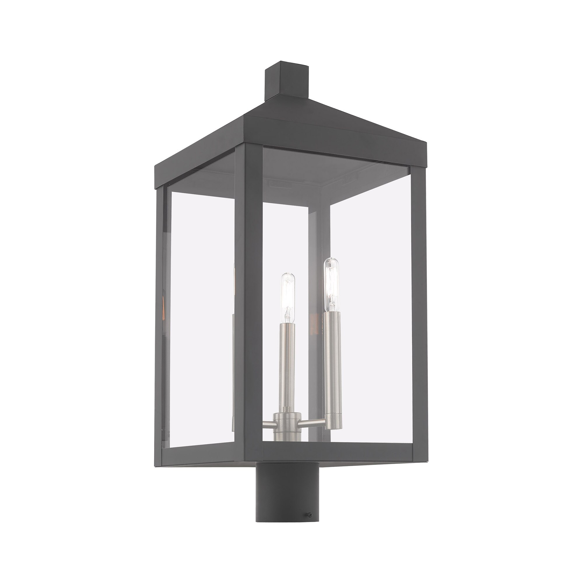 Scandinavian Gray Brass 3-Light Outdoor Post Lantern with Clear Glass