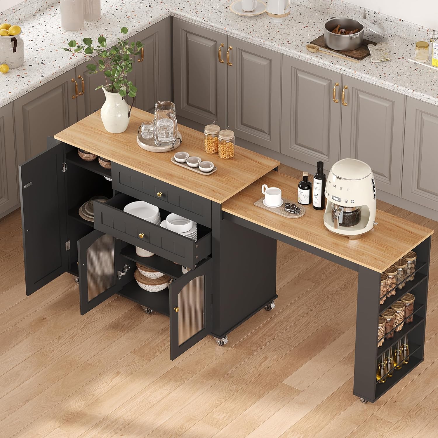 IdealHouse Extendable Kitchen Island with Extended Dining Table Large Mobile Kitchen Storage Islands with Storage Drawers Rolling Islands Cart with Extra Rows Open Shelves #BKU-GVPV-JSX50VK2