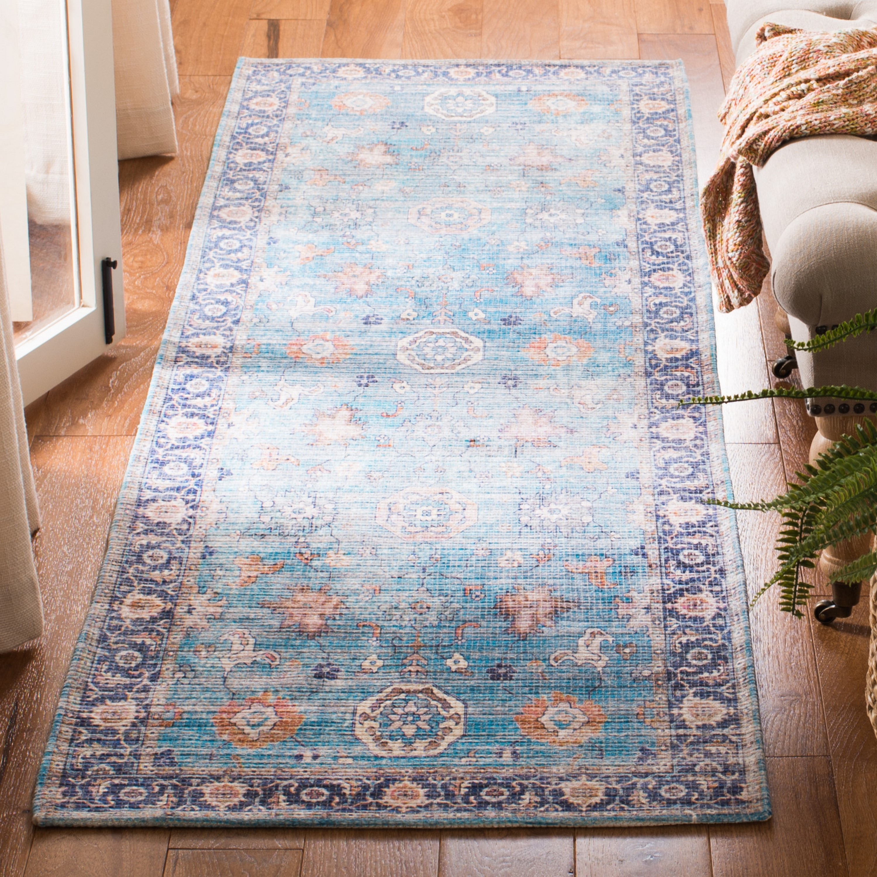 Safavieh SFN201M-28 Saffron Tual 2 x 8 (ft) Loomed Polyester Aqua/Navy Rectangular Indoor Distressed/Overdyed Vintage Runner rug
