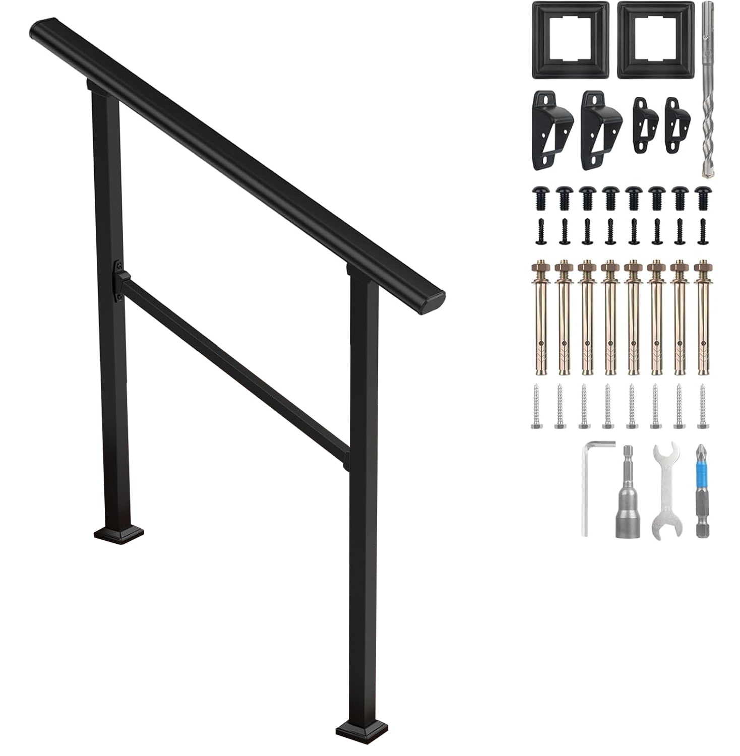 Etokfoks - 36 in H Metal Outdoor Stair Railing Handrail for 2 3 Steps with Installation Kit Dura...