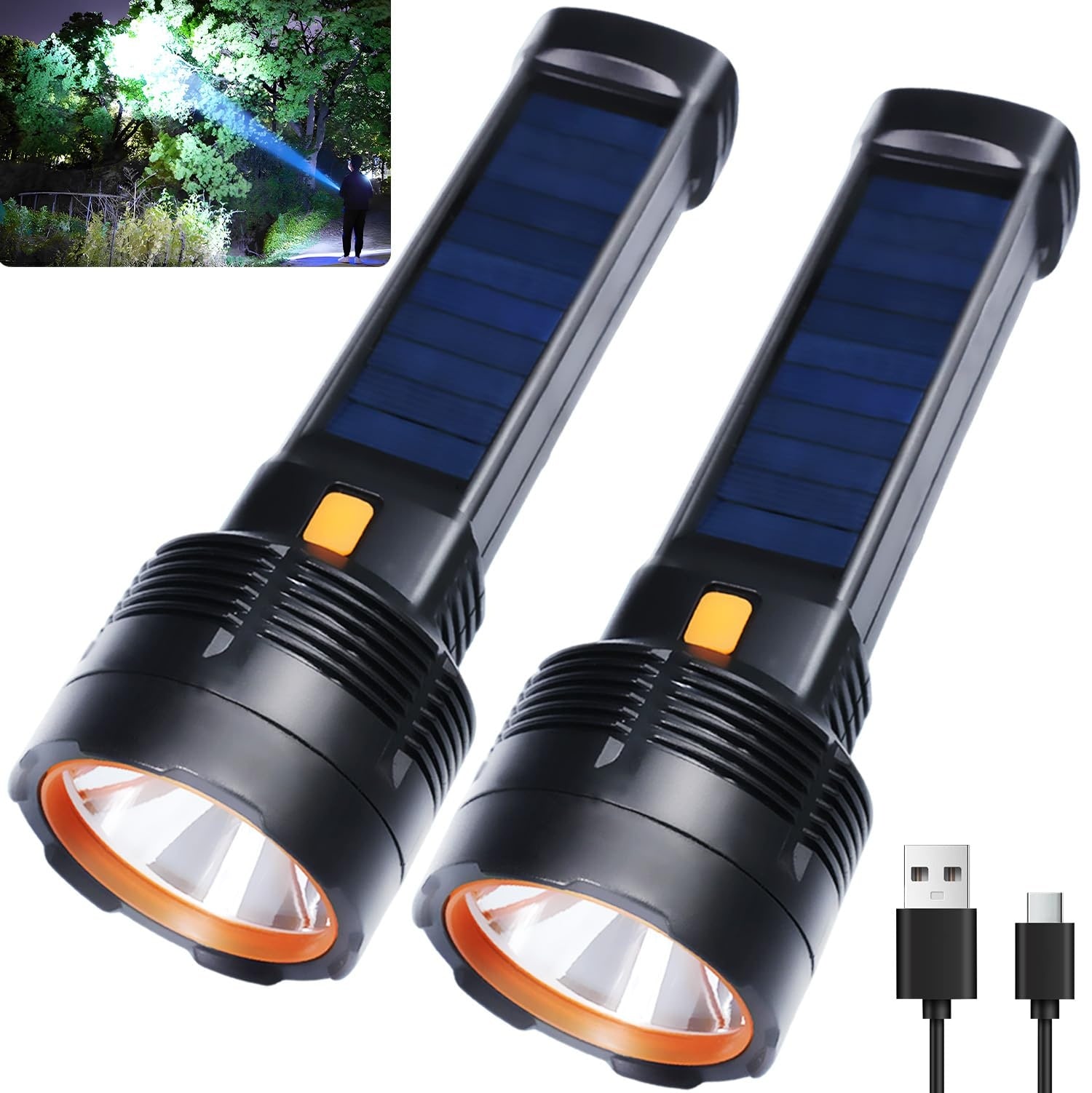 Justincity  2 Pack LED Rechargeable Flashlight Solar Powered Ultra Bright Waterproof Flashlight 4 Modes for Camping Hiking Emergency Adventure