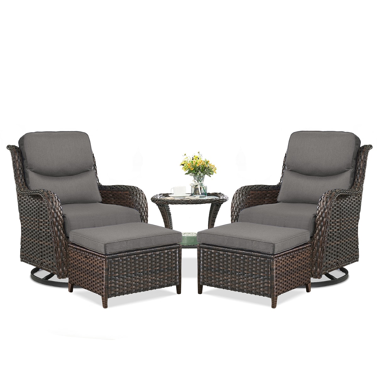 Rilyson FS035XL014-3 Smiley Set of 2 Wicker Brown Wicker Frame Swivel glider Conversation Chair with Brown Gray Cushioned Seat