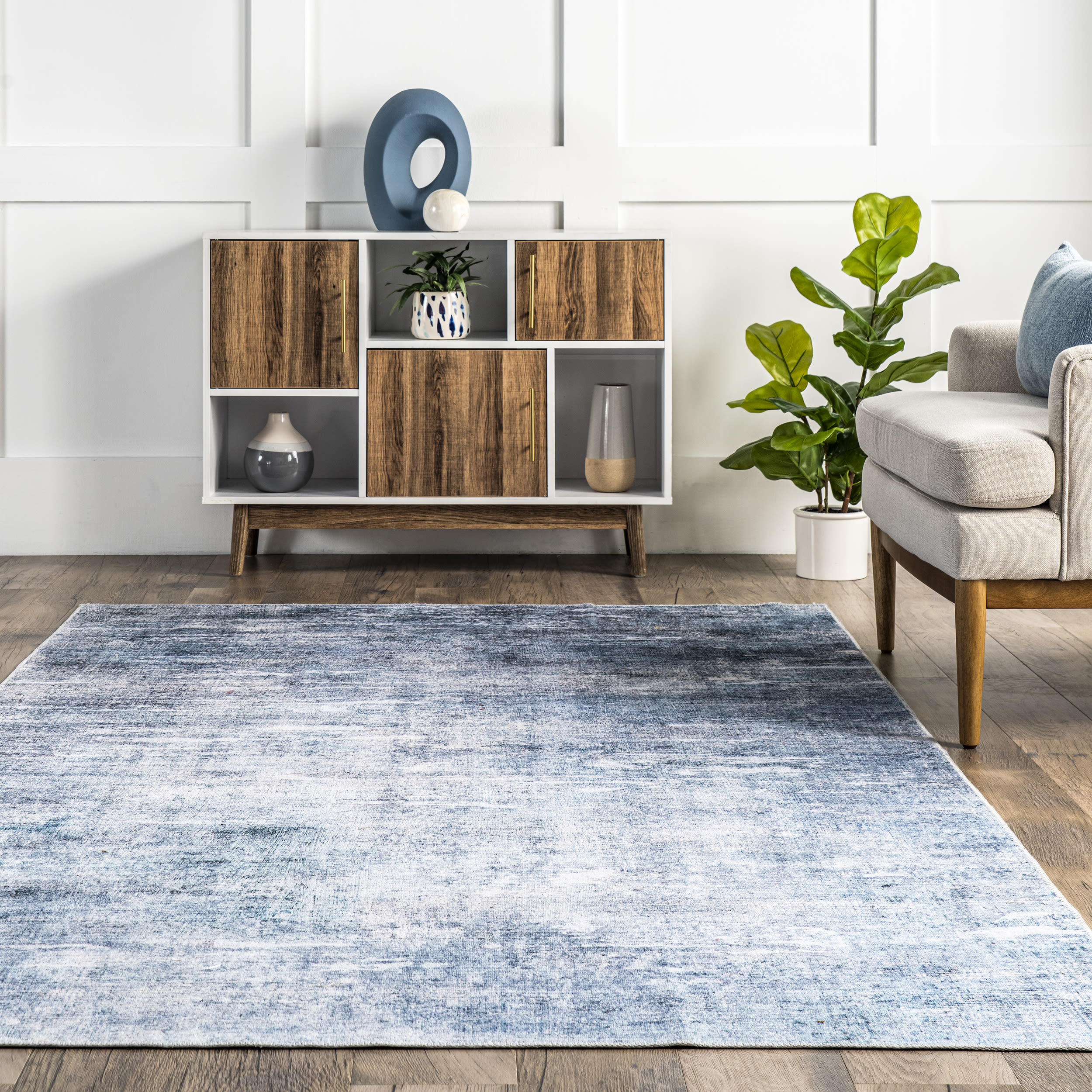 Sustainably-Sourced Blue Abstract 5' x 8' Washable Area Rug