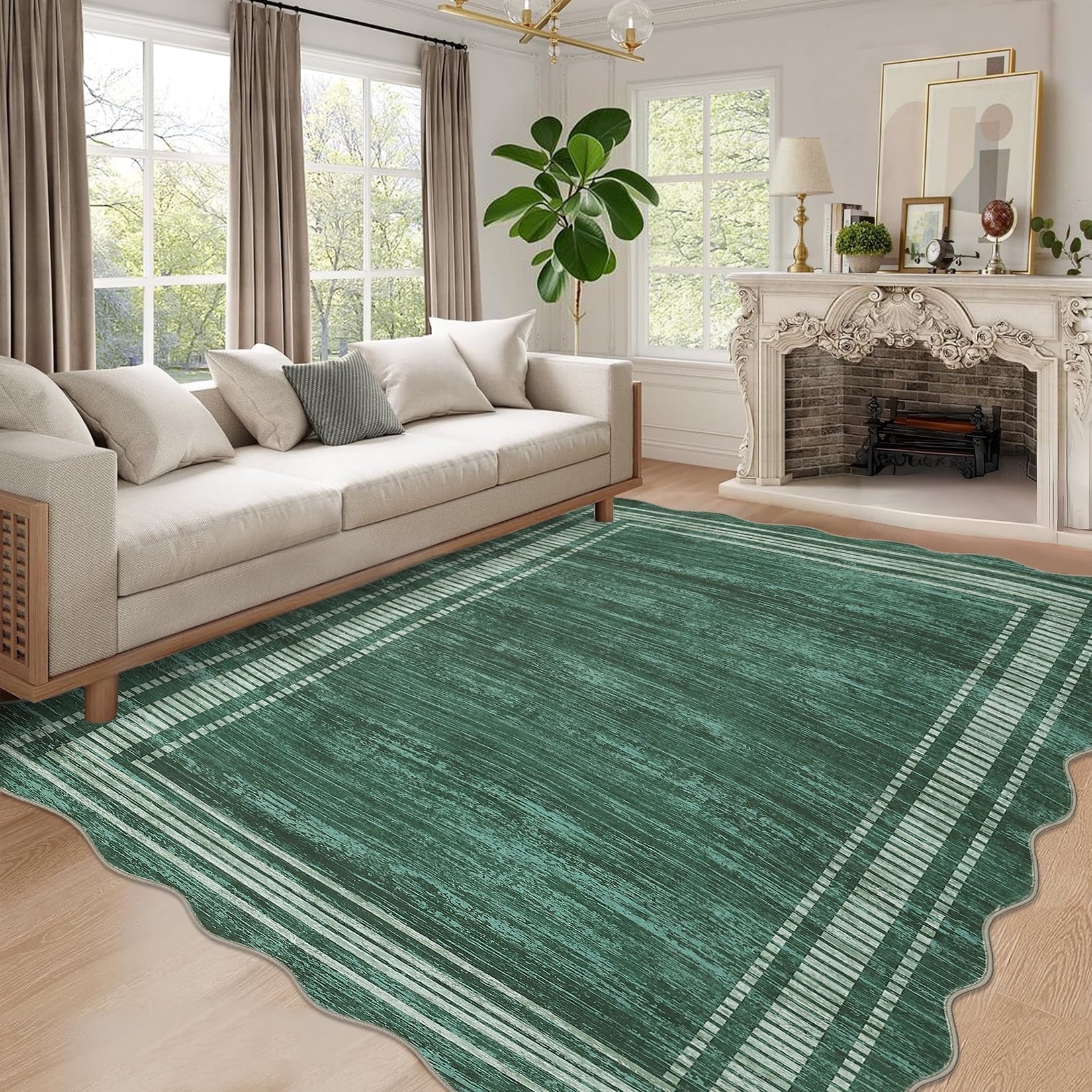 GAOMON 10x13 Modern Bordered Abstract Scalloped Area Rug Non-Slip Low ...