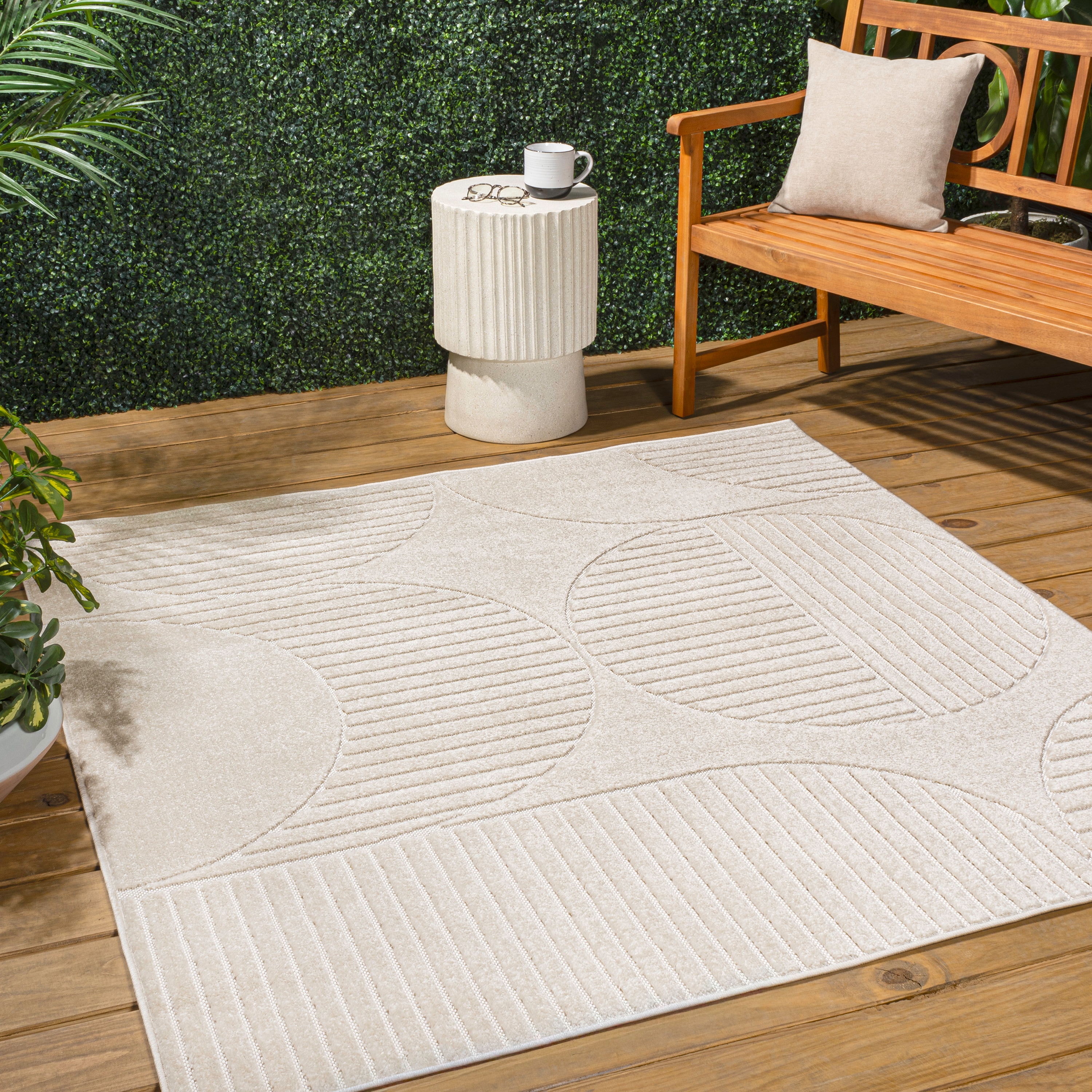 JONATHAN  Y SCN104B-9SQ SCANDINAVIAN Nordby High-Low Geometric Arch Scandi Striped 9 x 9 (ft) Polypropylene Ivory/Cream Square Indoor Stripe Mid-Century Modern Area rug