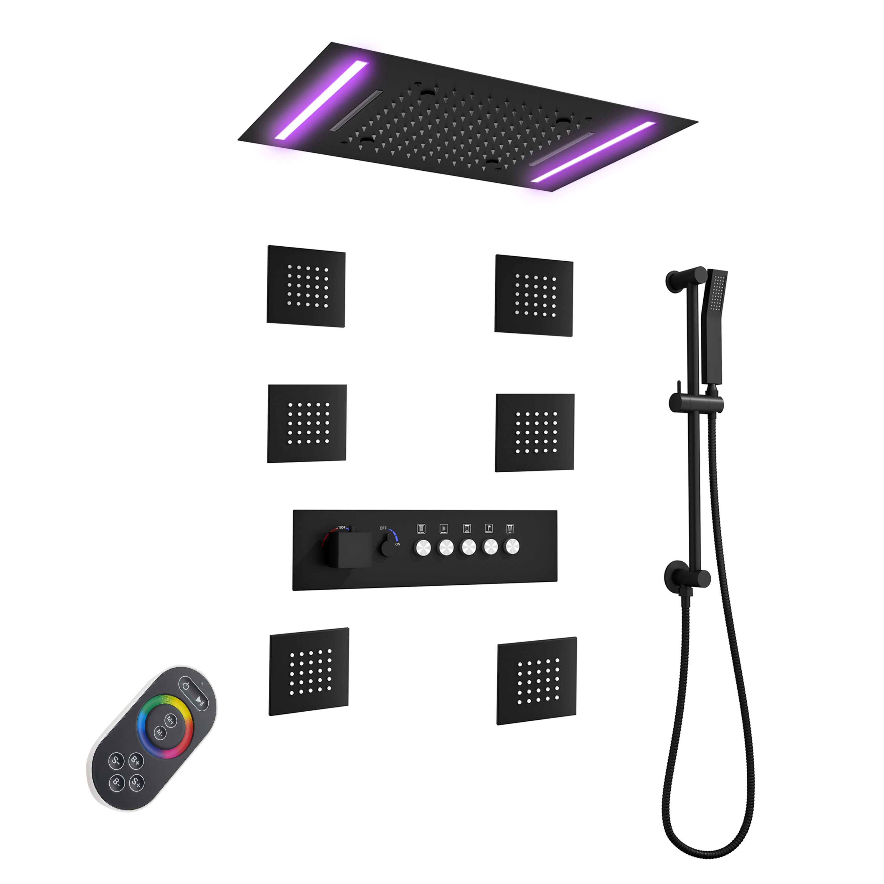 Mondawe WF6708-12MB Luxury Thermostatic LED Matte Black 20-in Waterfall Built-In Shower Faucet System with 3-way Diverter ( Thermostatic Valve Included )