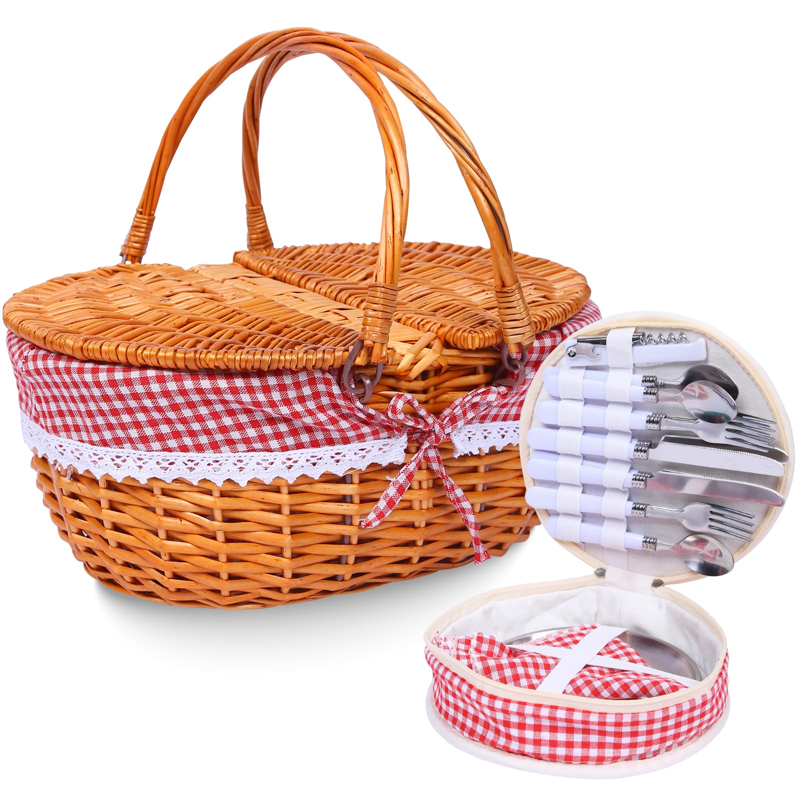 Aoibox  15 in Large Vintage Hand Woven Wicker Picnic Basket with Lid Removable Liner and Cutlery Set 11 x 15 4 x 7 in