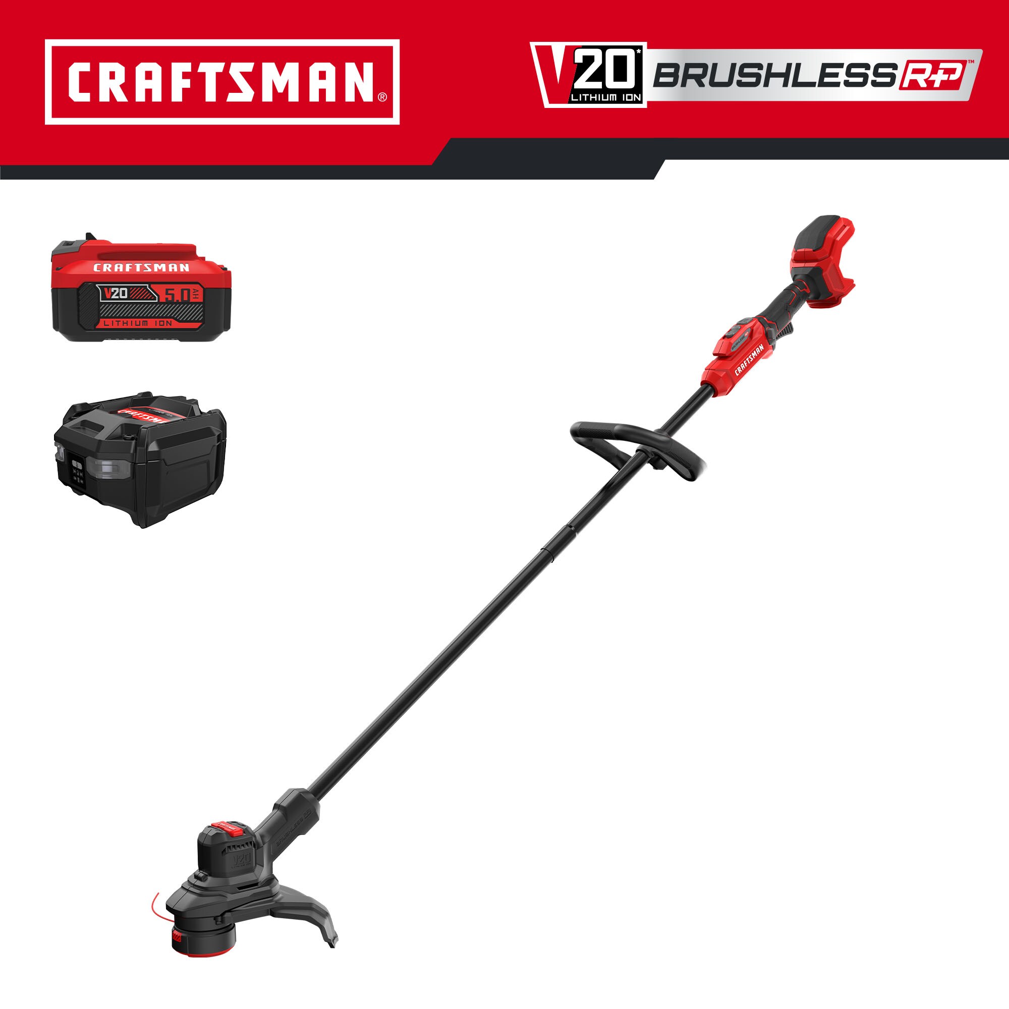 CRAFTSMAN V20 Brushless RP 20-volt Max 13-in Straight Shaft Battery String Trimmer 5 Ah (Battery and Charger Included)