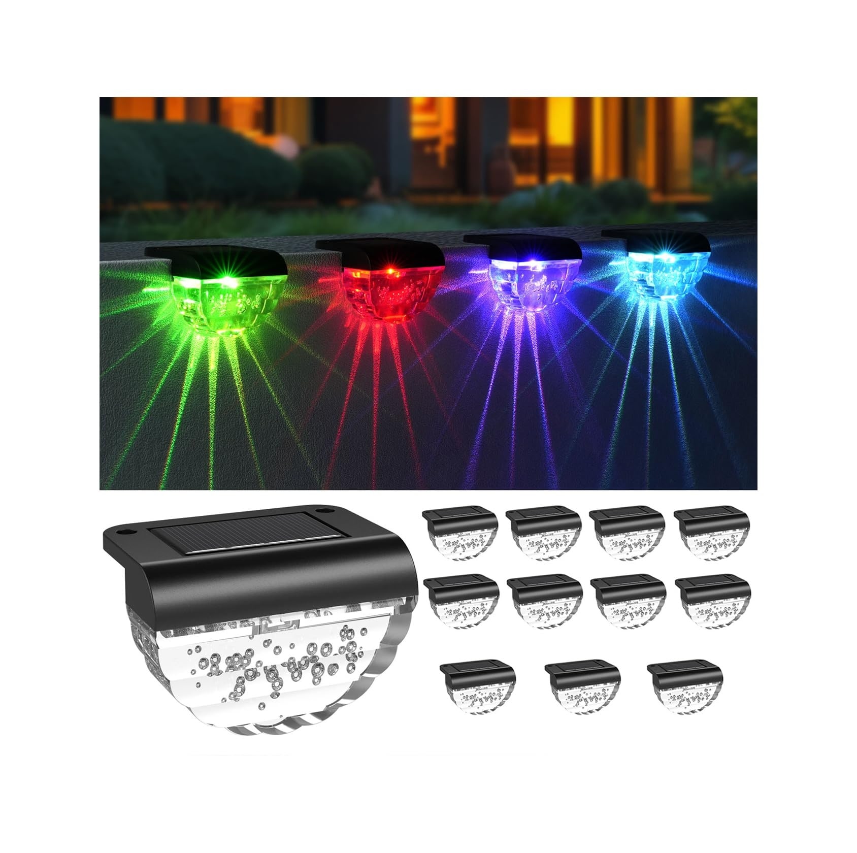 Oyezvary  12 pack solar deck lights outdoor color changing LED waterproof step lights for yard patio garden pool railing stairs fence auto on off